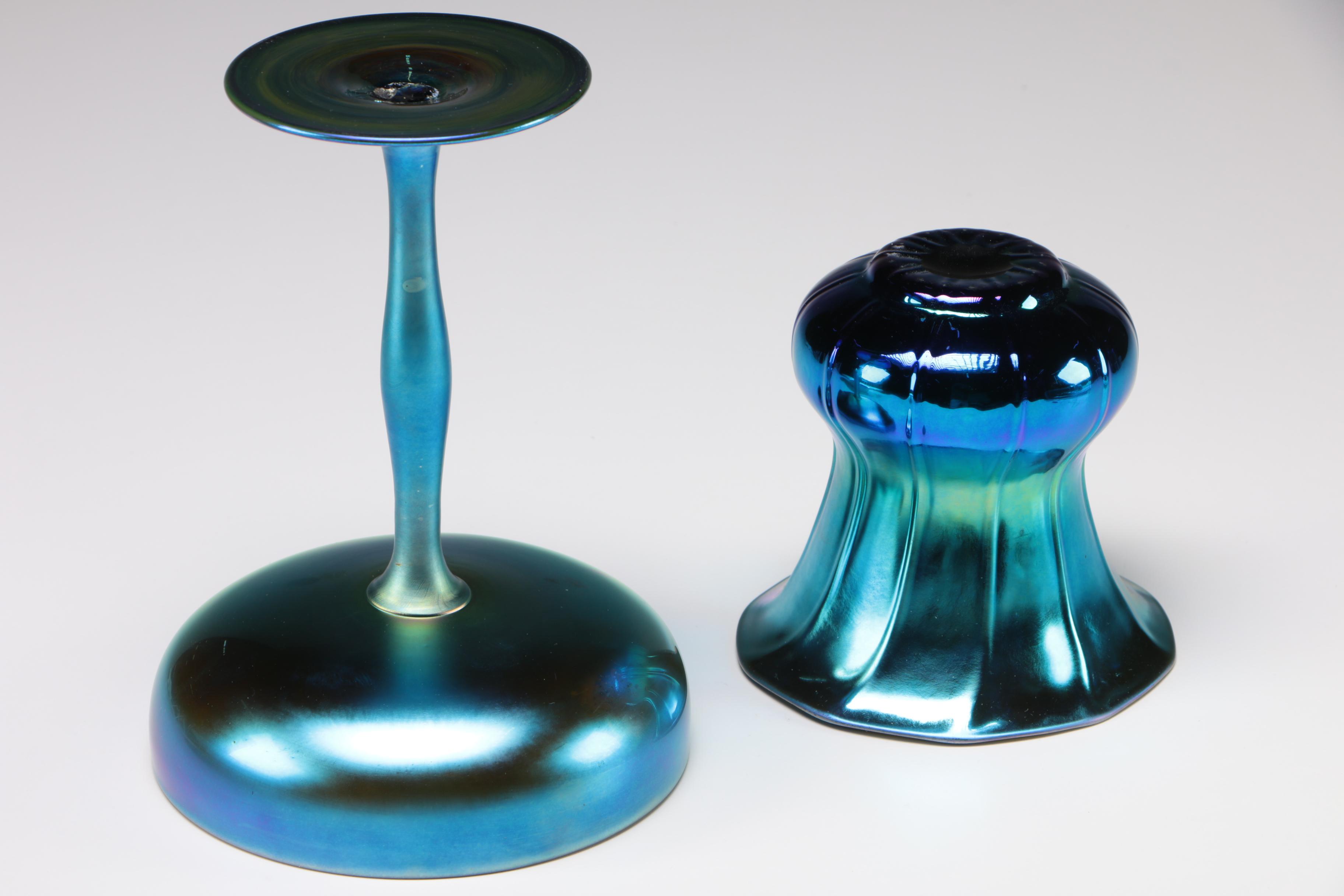 Steuben Blue Aurene Art Glass Compote, Pan and Vase, Early 20th Century