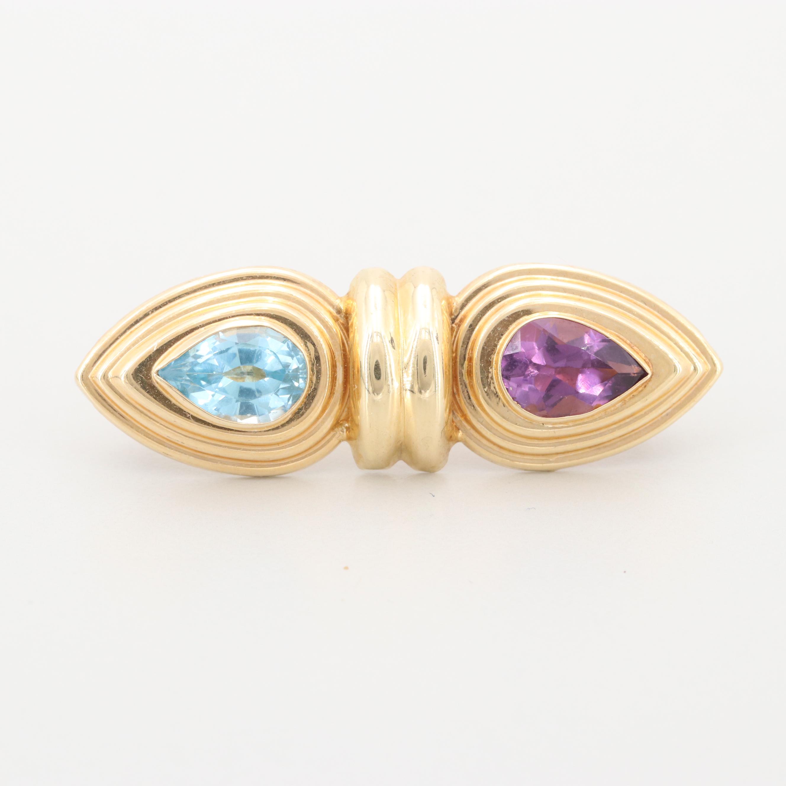 14K Yellow Gold Amethyst and Blue Topaz Brooch