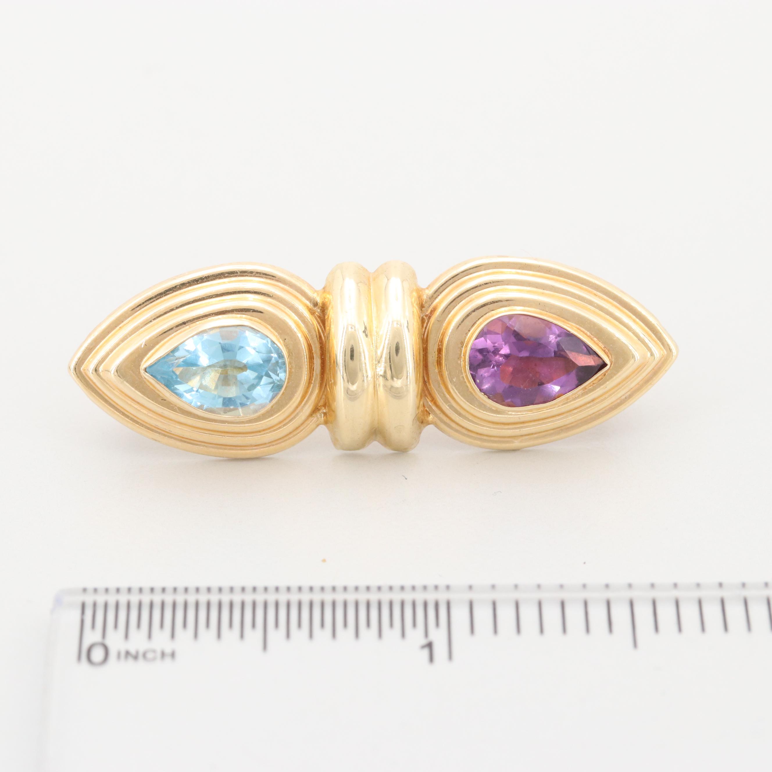 14K Yellow Gold Amethyst and Blue Topaz Brooch