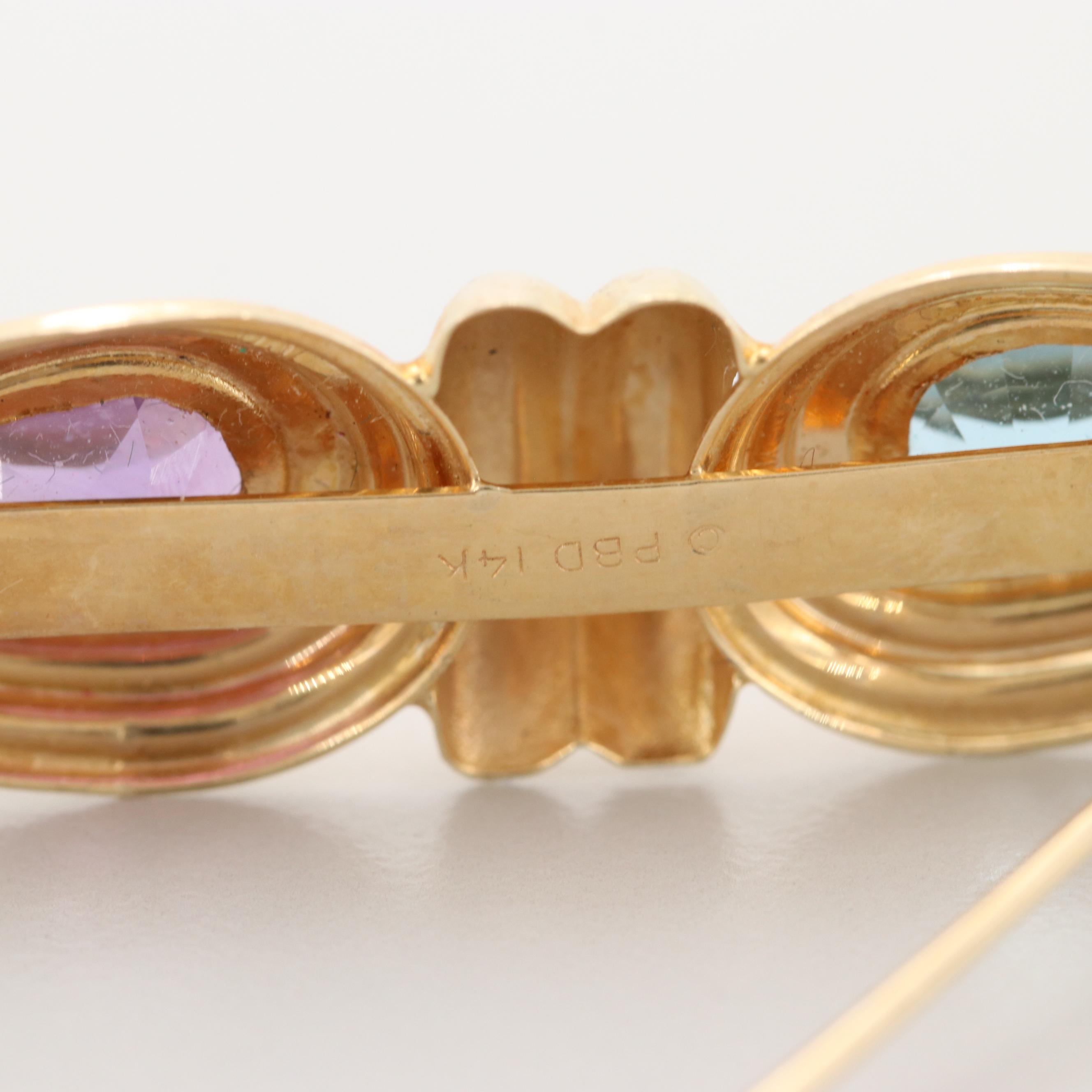 14K Yellow Gold Amethyst and Blue Topaz Brooch
