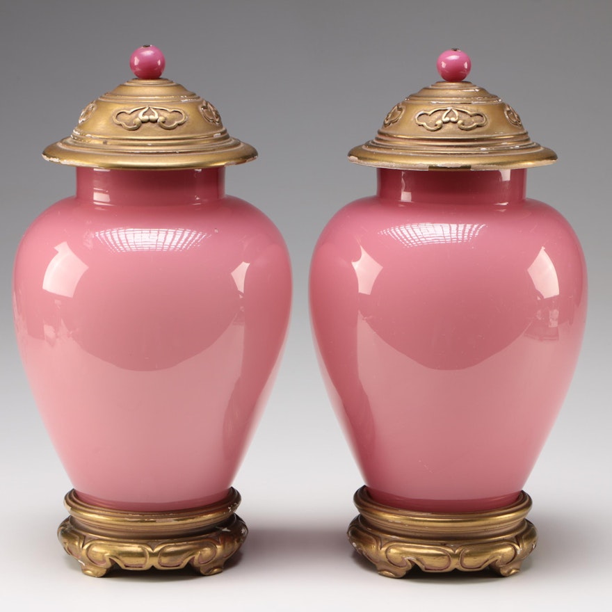 Pair of Steuben Rosaline Art Glass Covered Vases on Stands, 1903 - 1933