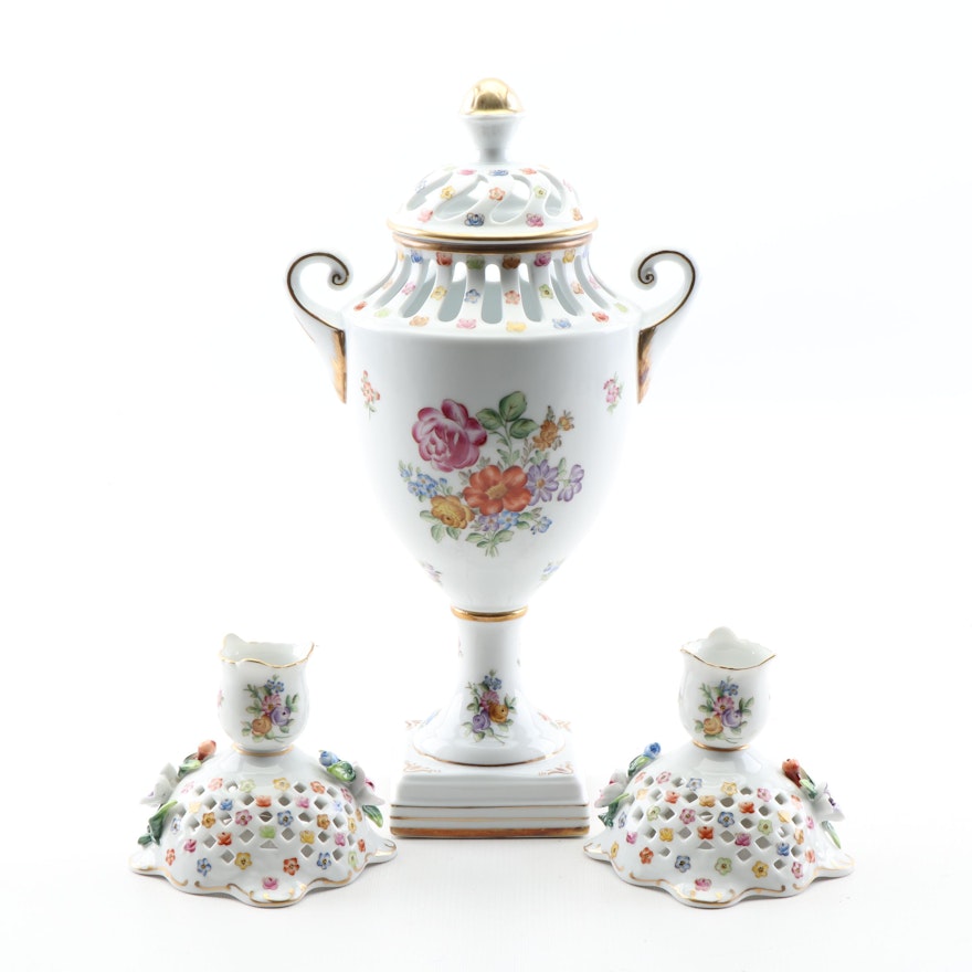 Dresden Hand-Painted Reticulated Porcelain Lidded Urn and Candlesticks, 1890s
