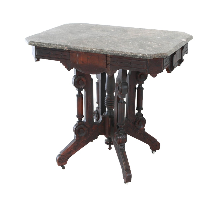 Victorian Walnut and Grey Marble Side Table, Late 19th Century