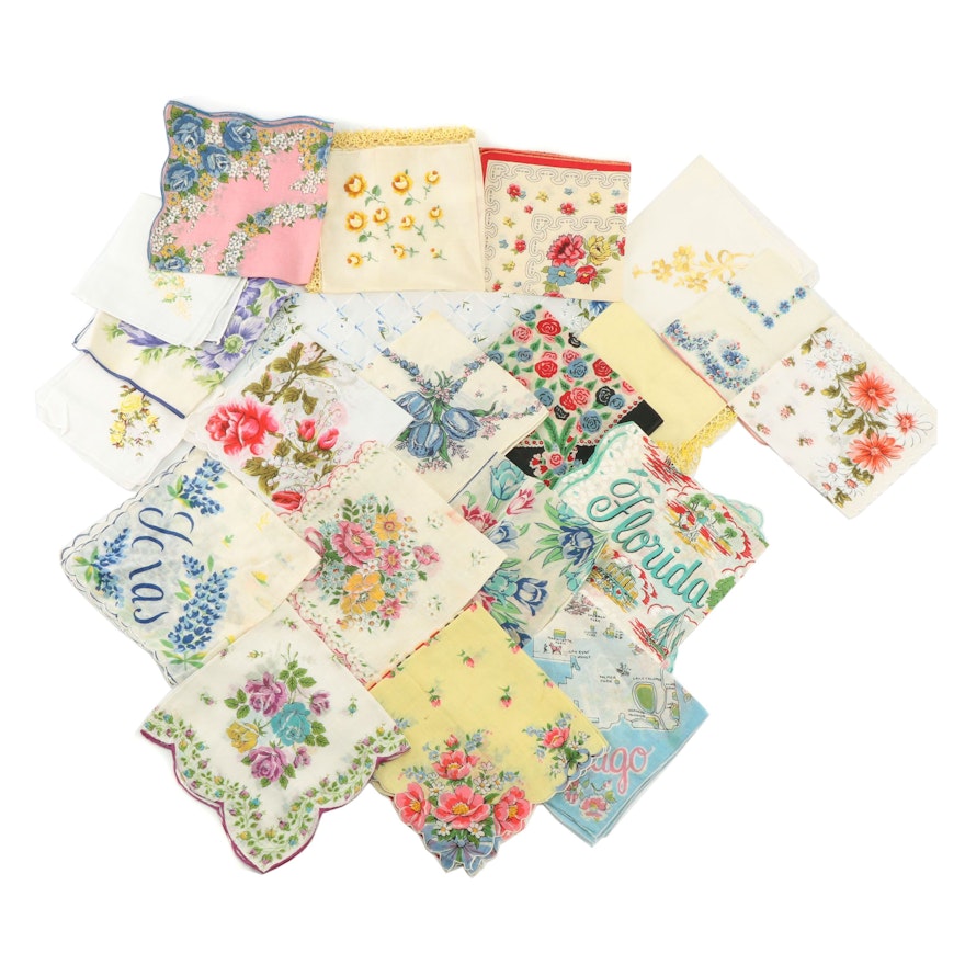 Cotton, Polyester and Nylon Handkerchiefs Including Floral Prints, Vintage