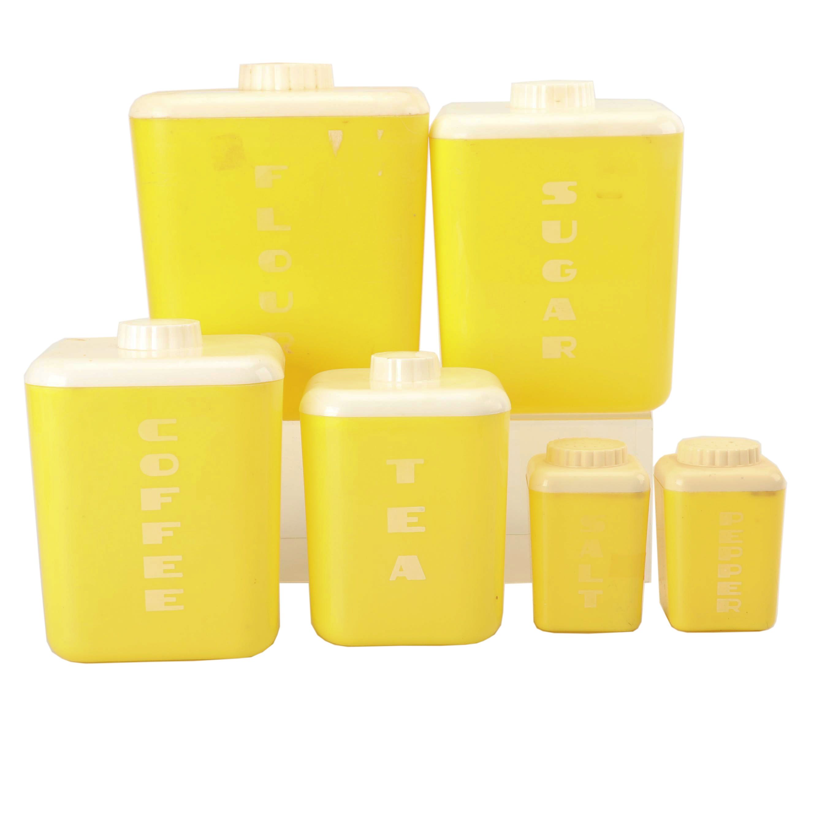 Vintage "Lustro Ware" Plastic Kitchen Canister Set with Salt and Pepper Shakers