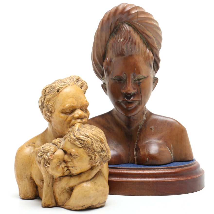 E & B Australia Ceramic Bust of Family and Carved Wooden African Bust