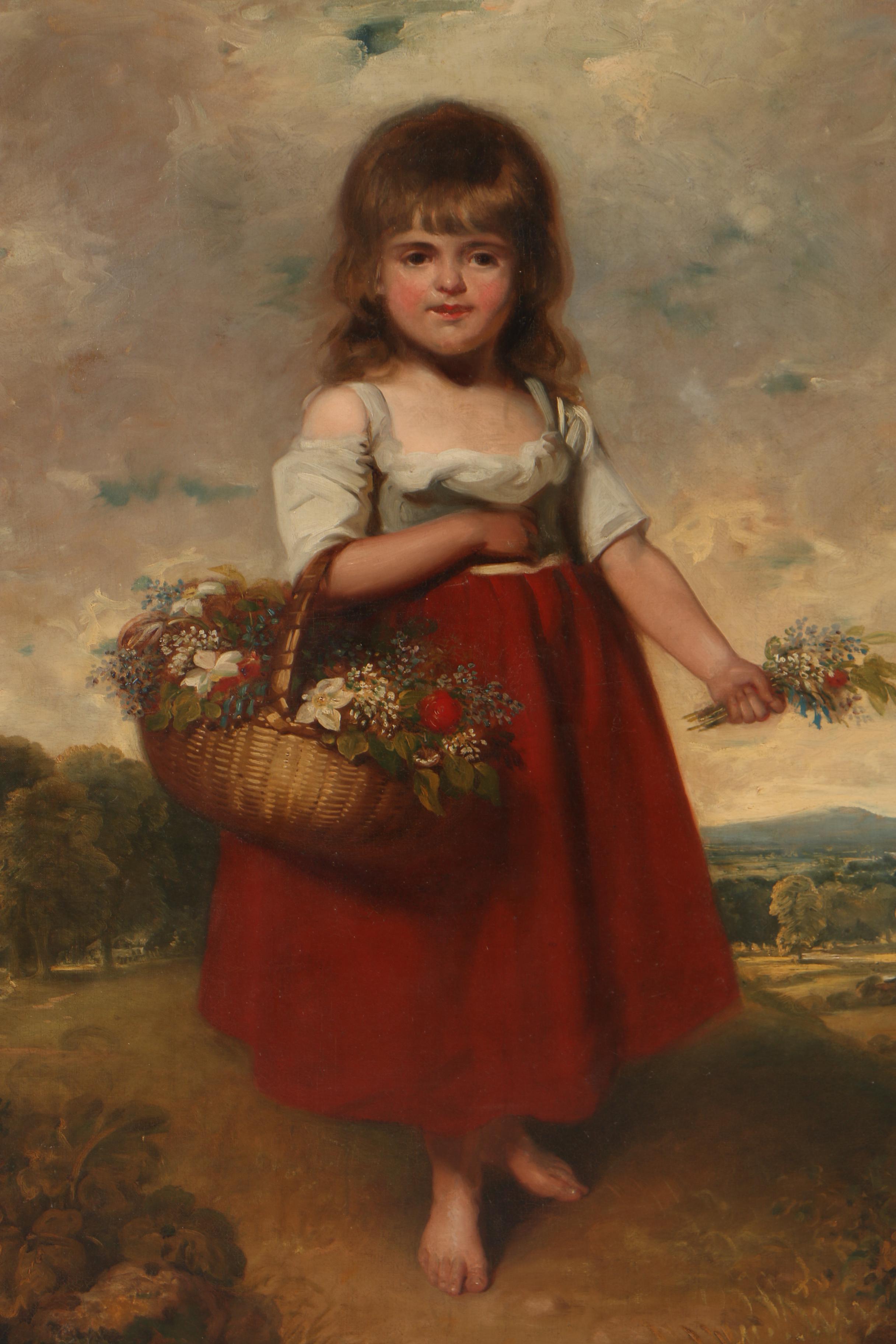 Early 19th Century English School Oil Painting "Girl With Flower Basket"