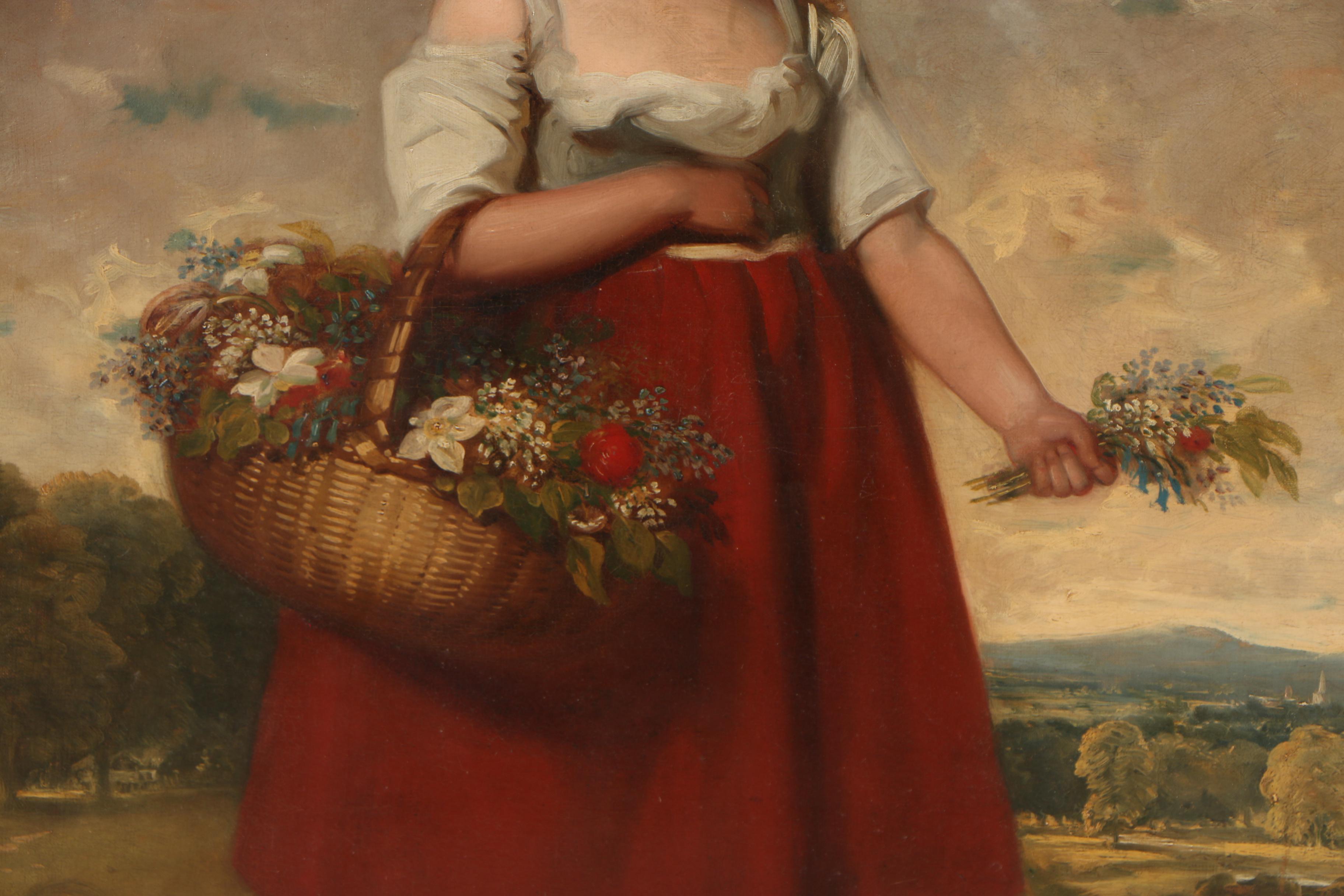 Early 19th Century English School Oil Painting "Girl With Flower Basket"