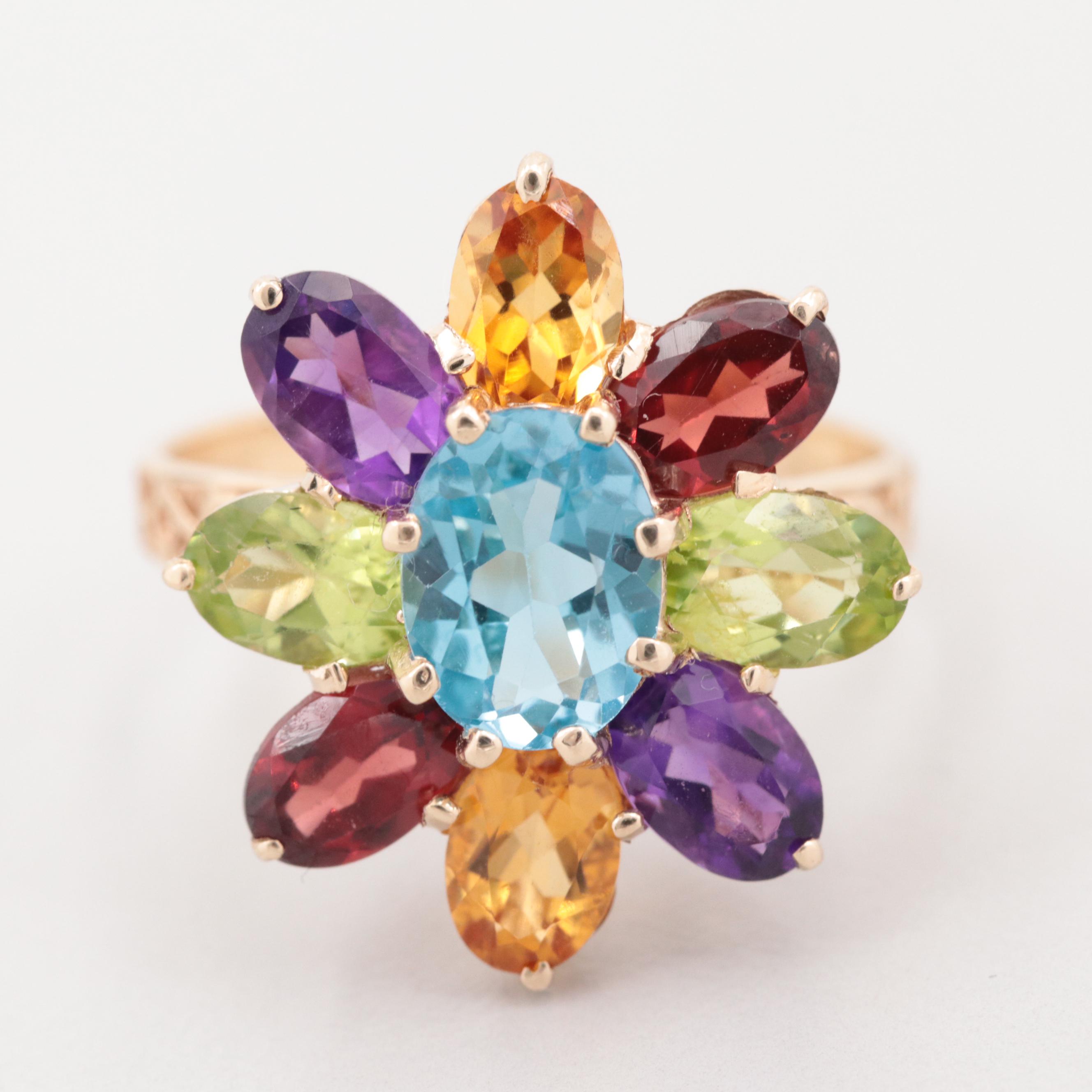 10K Yellow Gold Topaz and Multi-Gemstone Flower Ring
