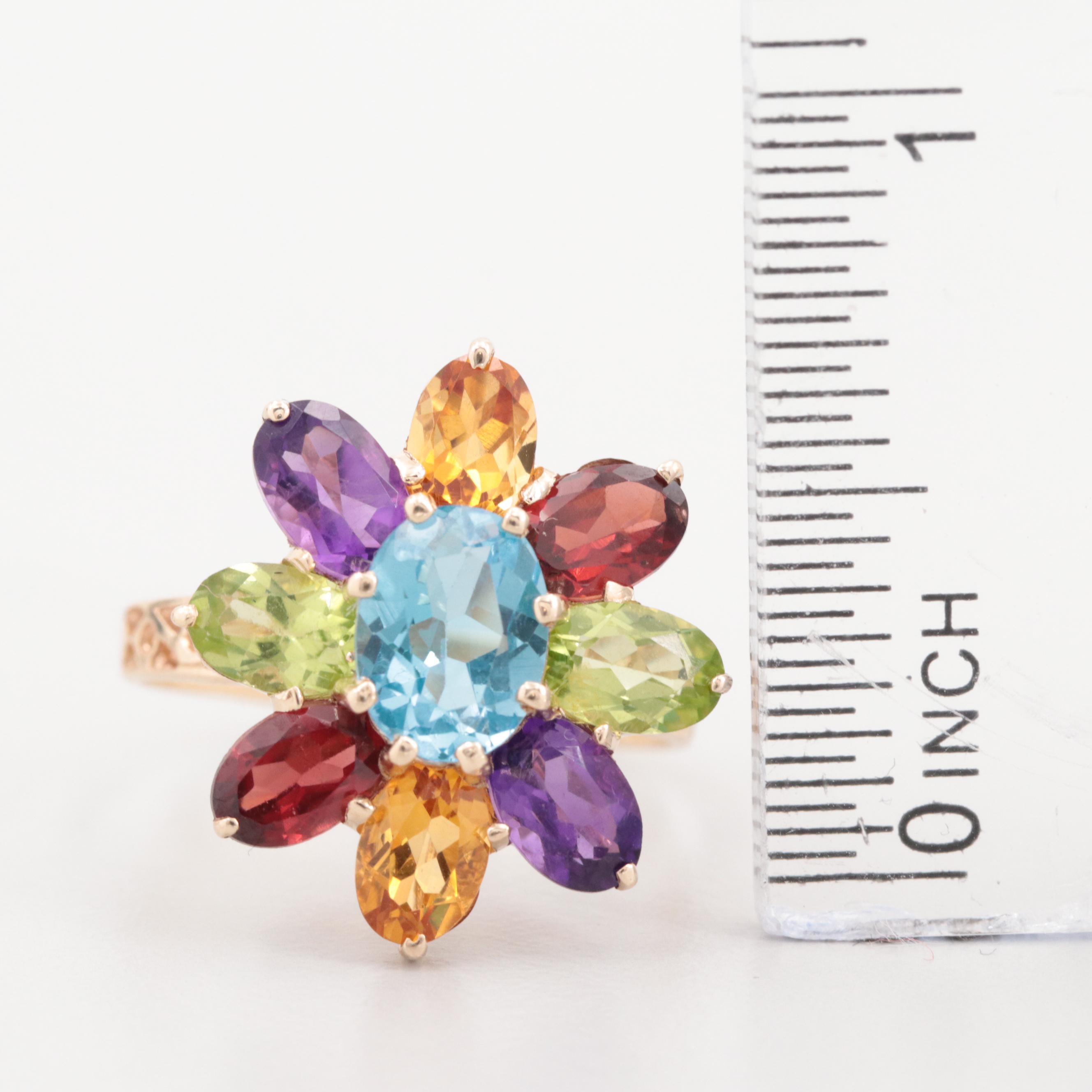 10K Yellow Gold Topaz and Multi-Gemstone Flower Ring