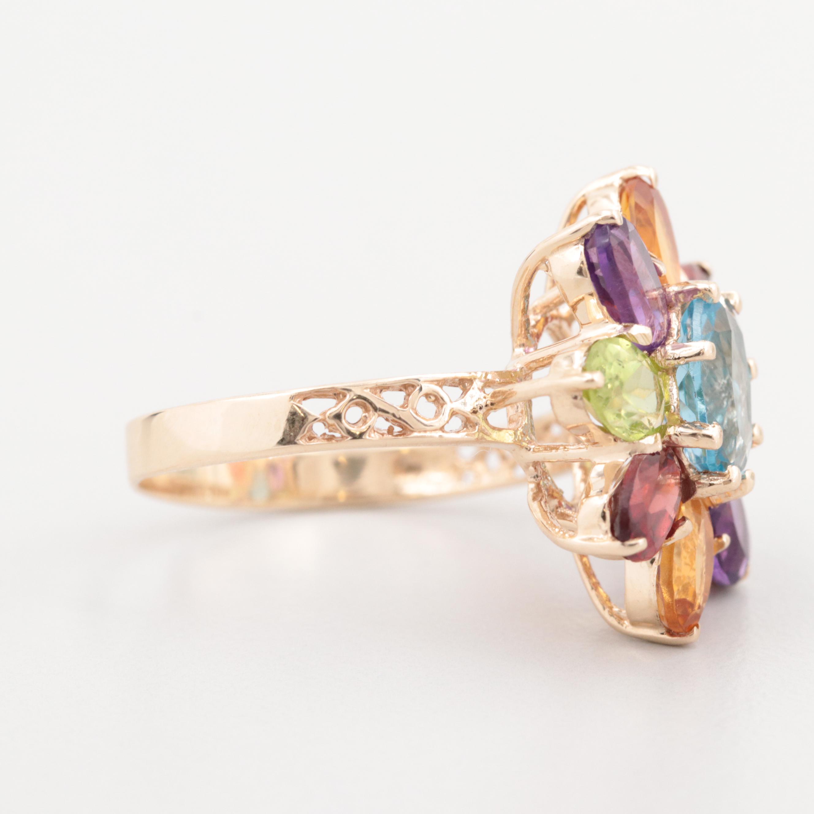10K Yellow Gold Topaz and Multi-Gemstone Flower Ring