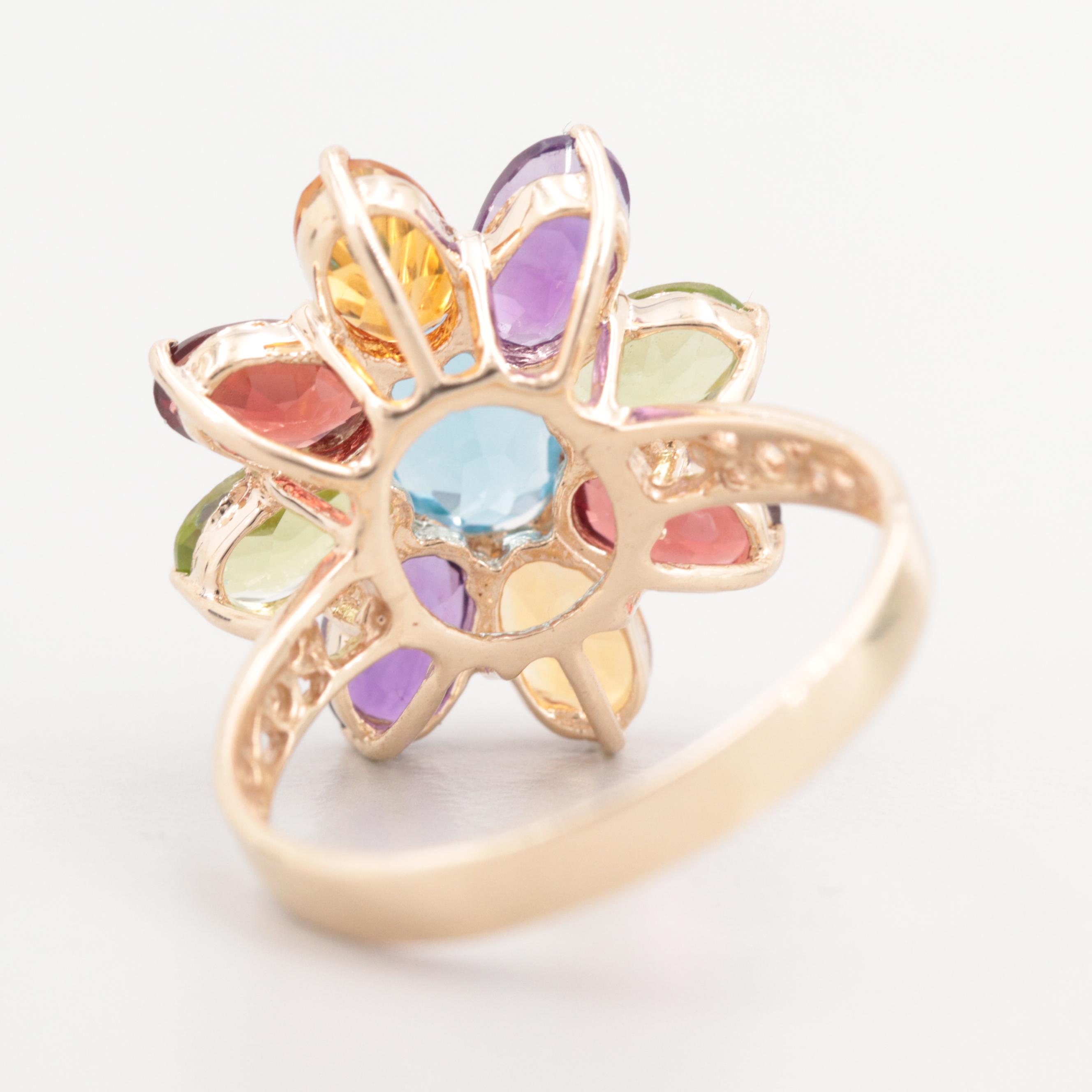10K Yellow Gold Topaz and Multi-Gemstone Flower Ring