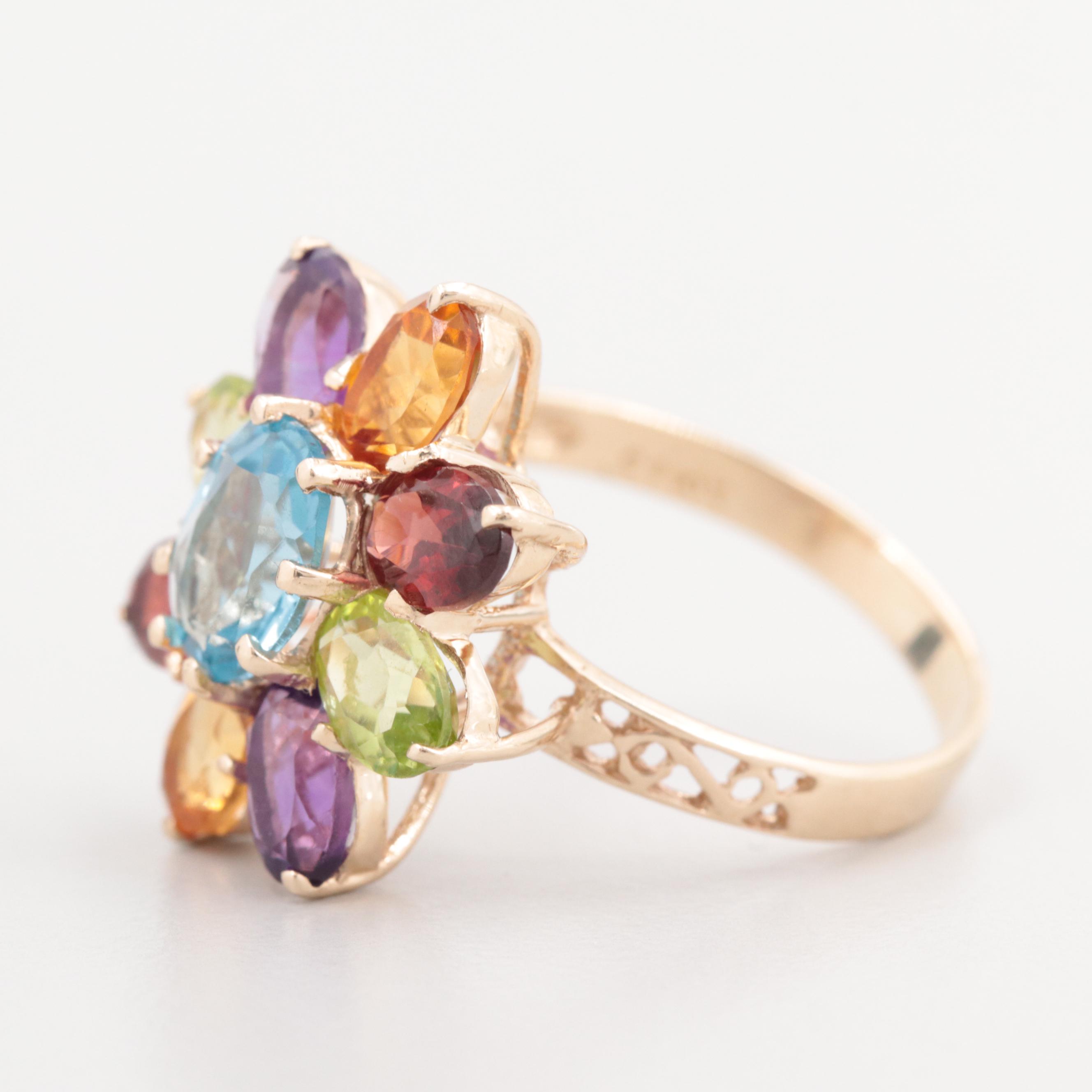 10K Yellow Gold Topaz and Multi-Gemstone Flower Ring