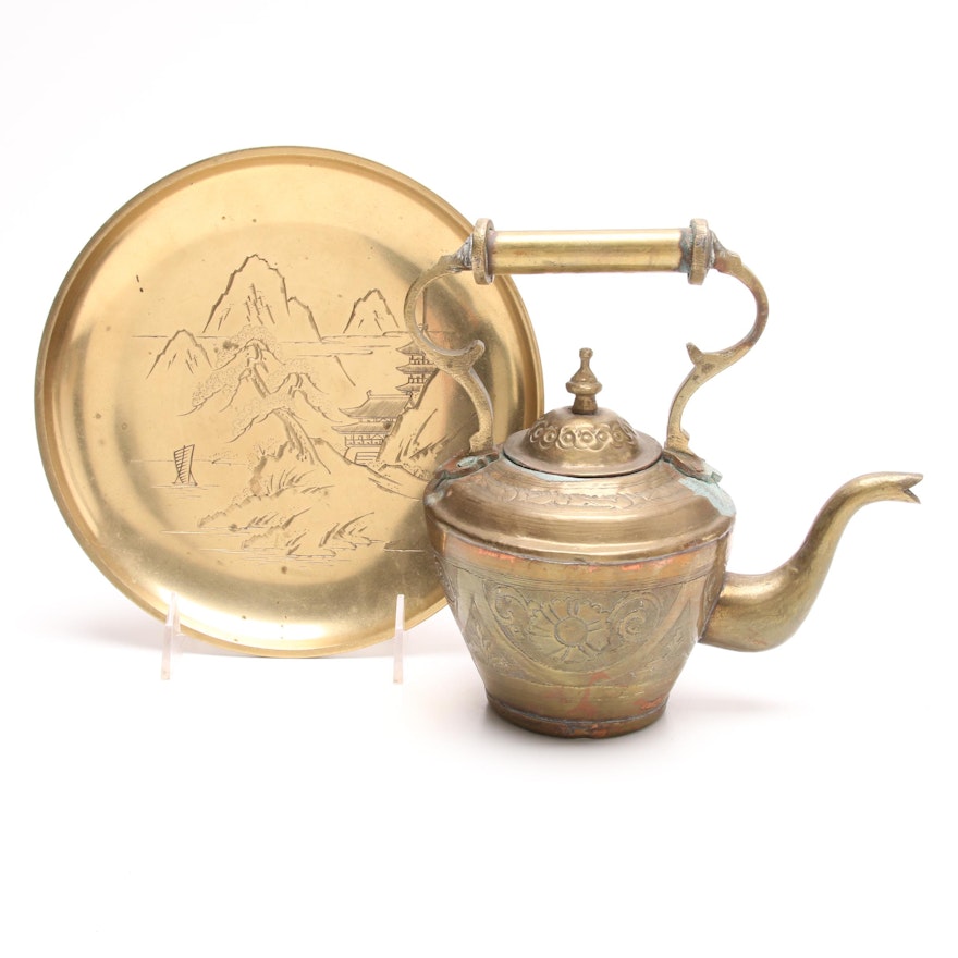 Asian Brass Tea Kettle and Embossed Charger