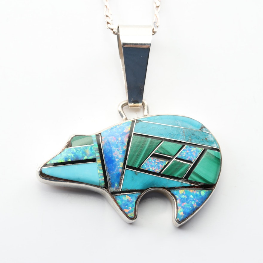 Phillip Sanchez Navajo Sterling Silver Mosaic Gemstone Pendant Necklace