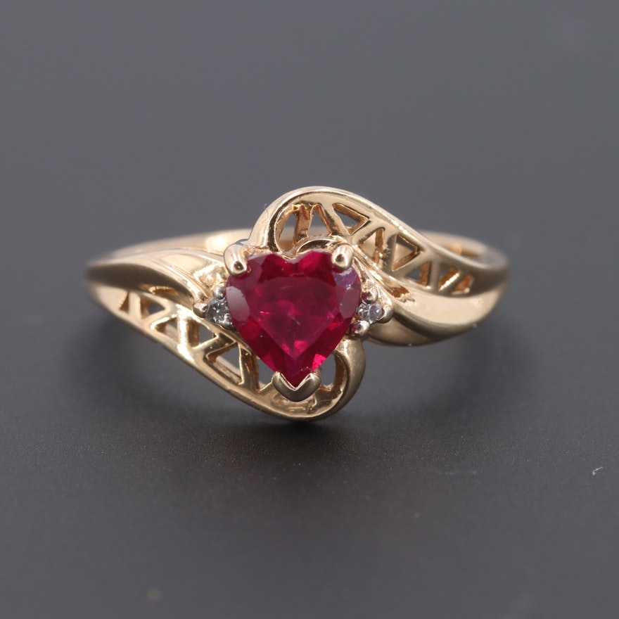 10K Yellow Gold Synthetic Ruby and Diamond Heart Ring