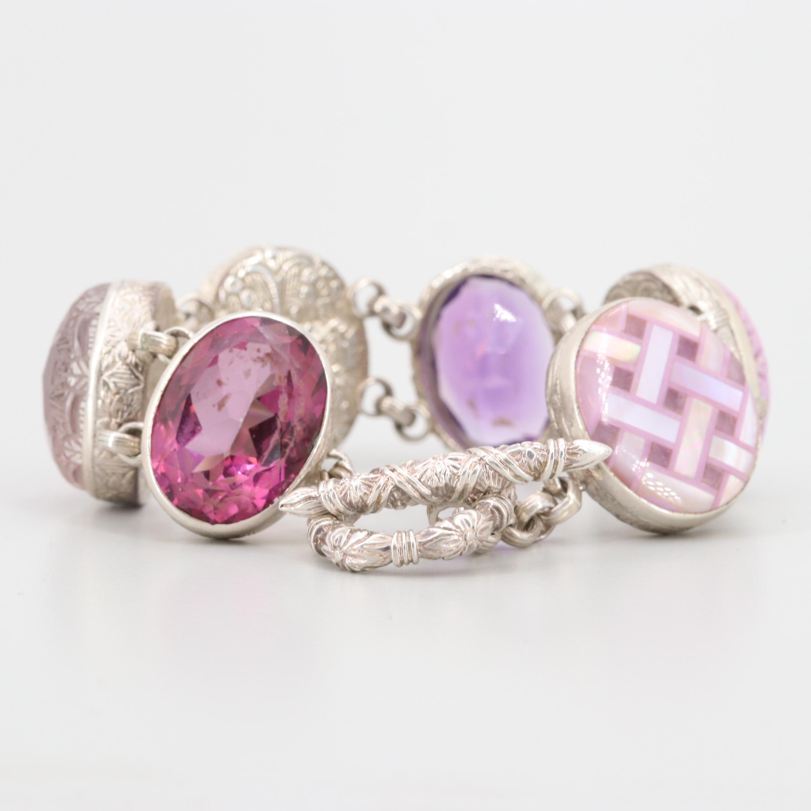 Stephen Dweck Sterling Silver Amethyst and Gemstone Bracelet