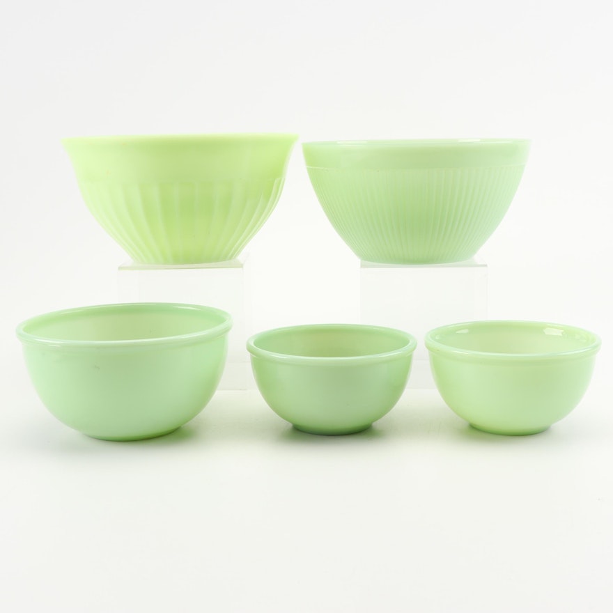 Anchor Hocking Fire-King and Jeannette Jadeite Mixing Bowls, Mid-Century
