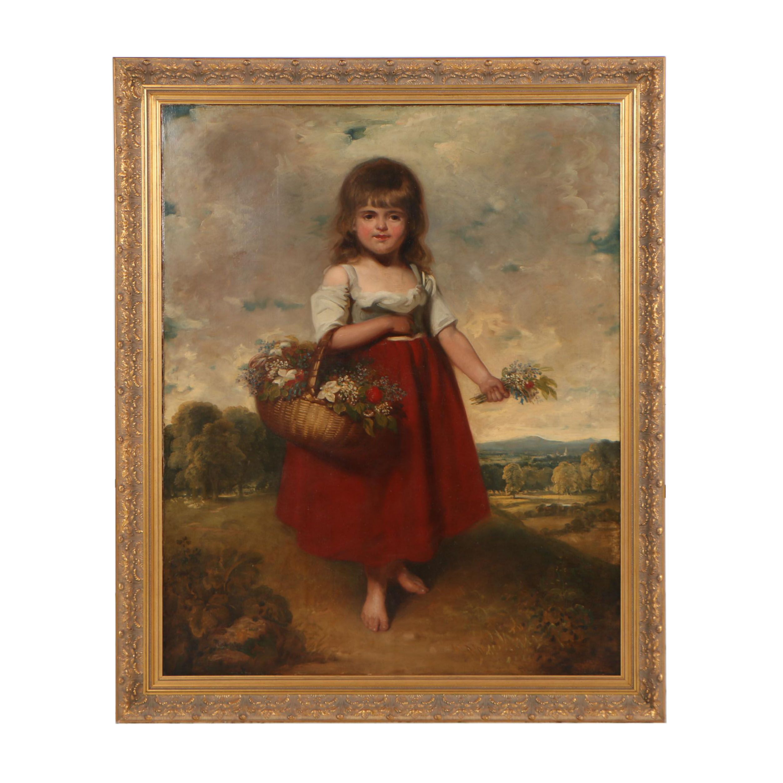 Early 19th Century English School Oil Painting "Girl With Flower Basket"