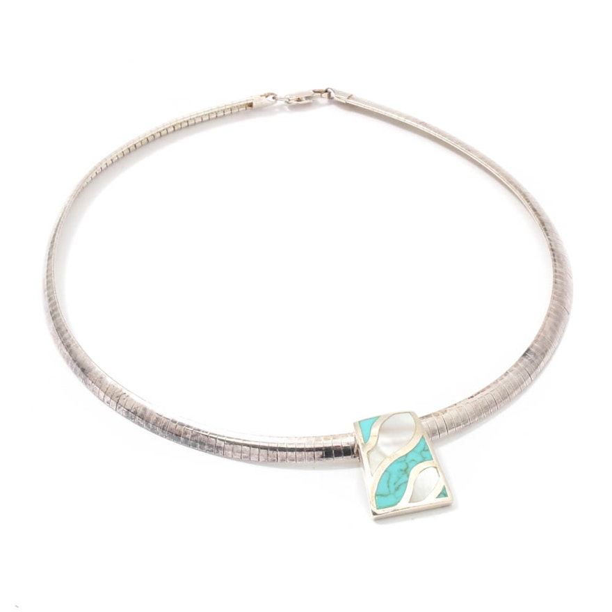 Milor Sterling Silver Mother of Pearl and Synthetic Turquoise Necklace