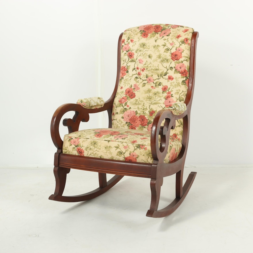 Floral Upholstered Cherry Finished Wooden Rocking Chair, 20th Century