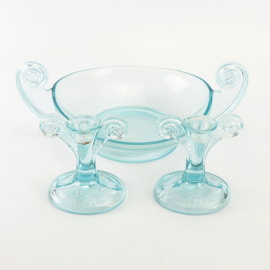 Light Blue Depression Glass Style Serving Bowl and Candlesticks