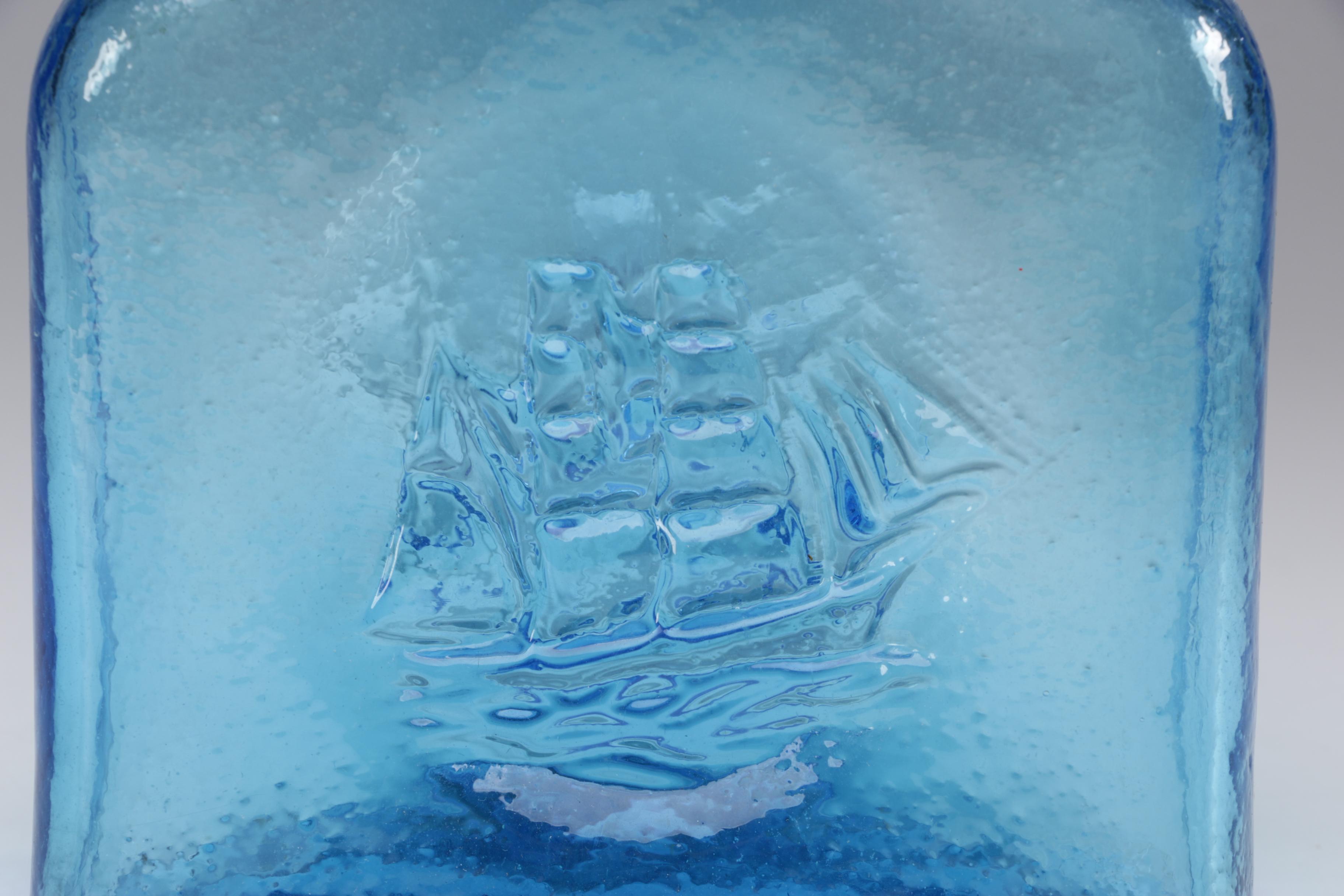 Kanawha Blue Pressed Glass Carafe with Clipper Ship