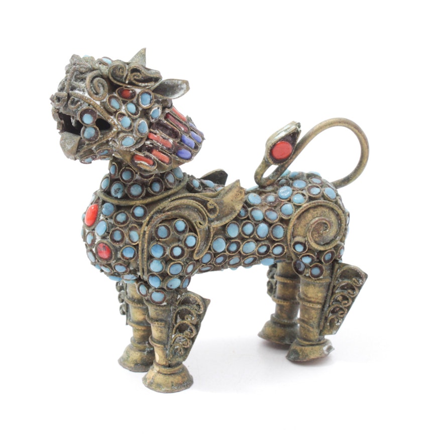Tibetan Dyed Turquoise and Coral Brass Filigree Guardian Lion Censer