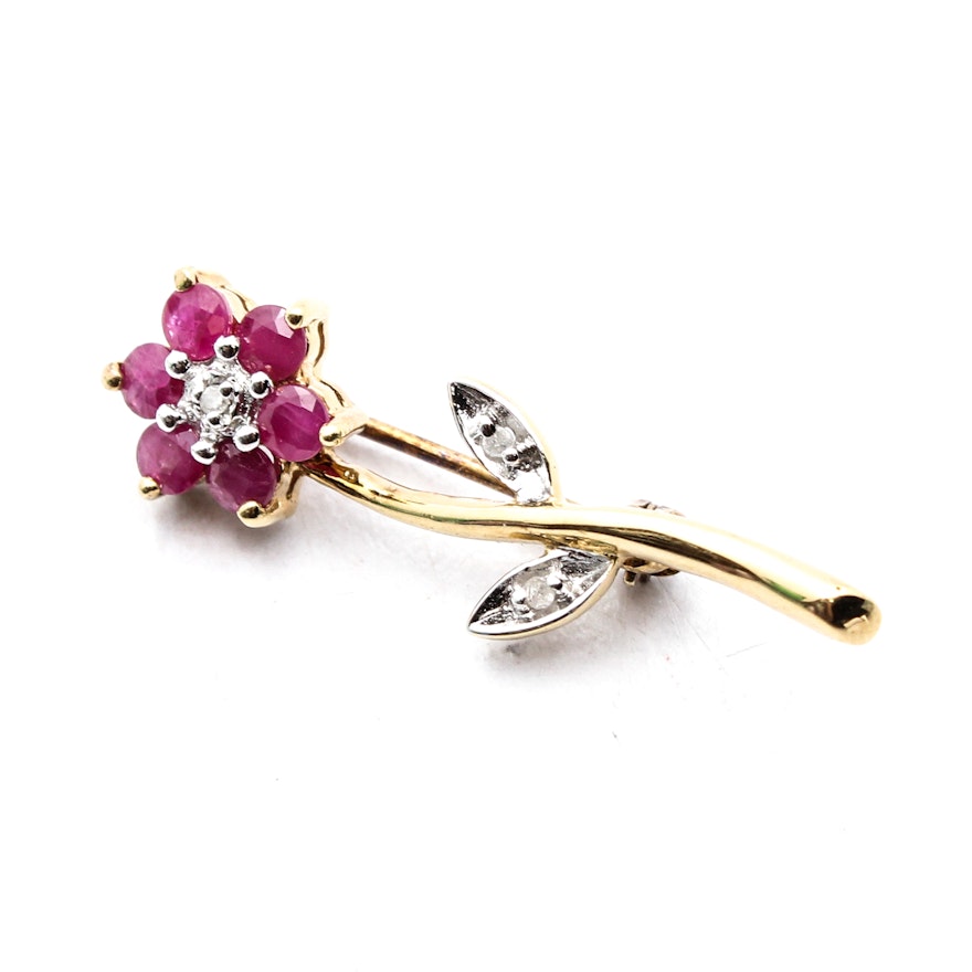 Sterling Silver Floral Brooch with Diamond and Rubies