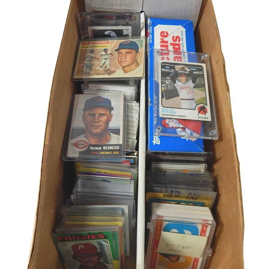 Box of Baseball Cards with 1956 Ted Kluszewski #25, 1973 Nolan Ryan