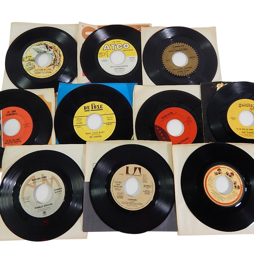 Collection of 1970s 45 RPM Record Albums with Country, Rock, Pop, R&B