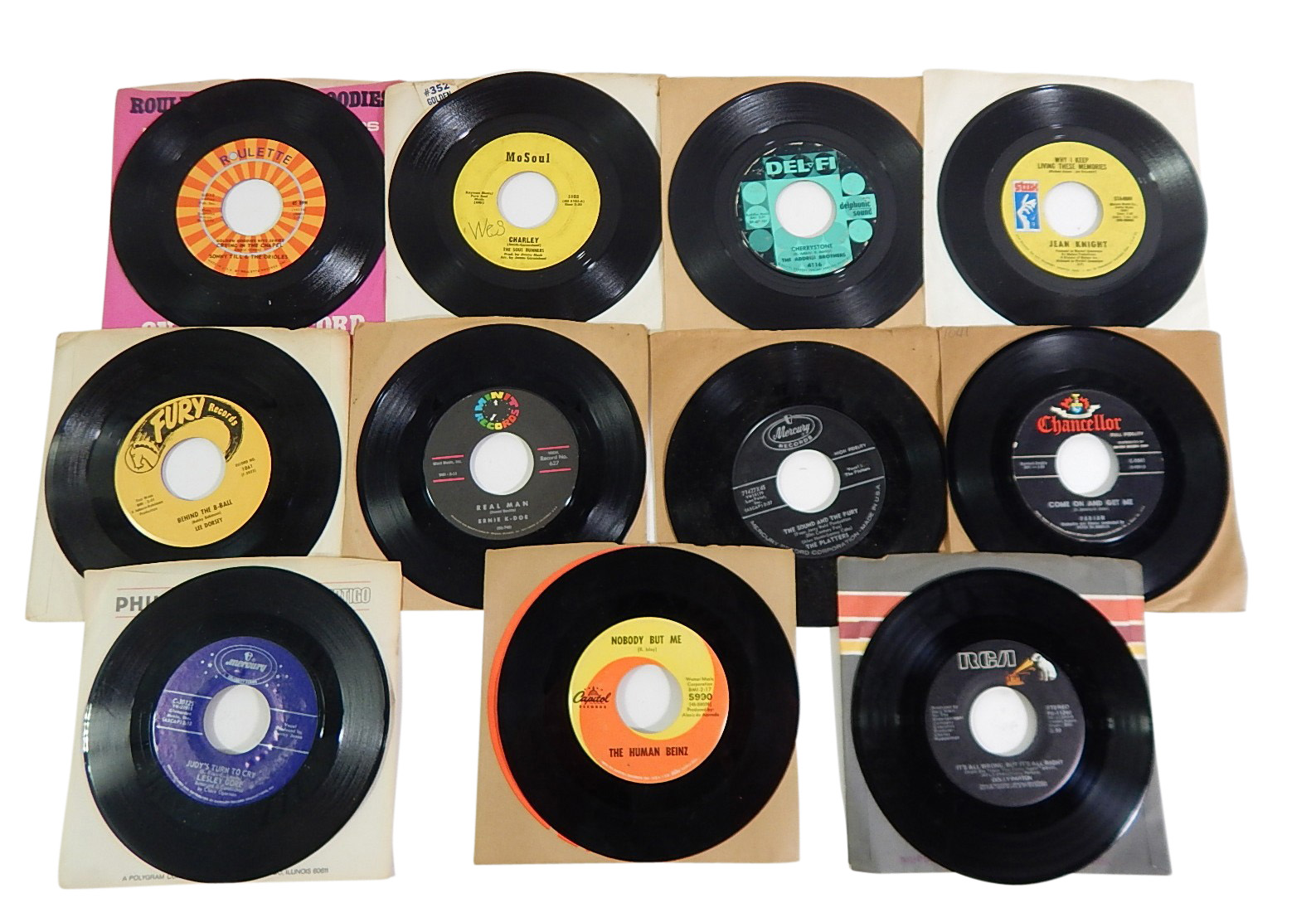 Collection of 1960s/70s 45 RPM Record Albums with Country, Rock, Pop, and R&B