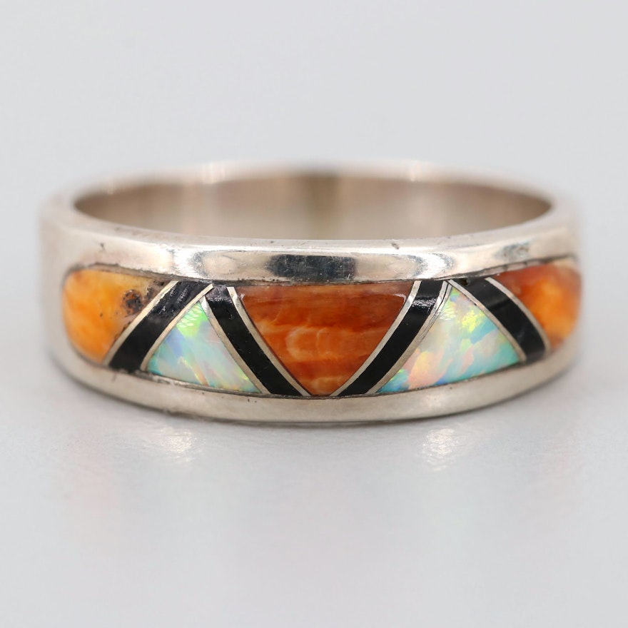 Sterling Silver Spiny Oyster, Synthetic Opal, and Resin Ring