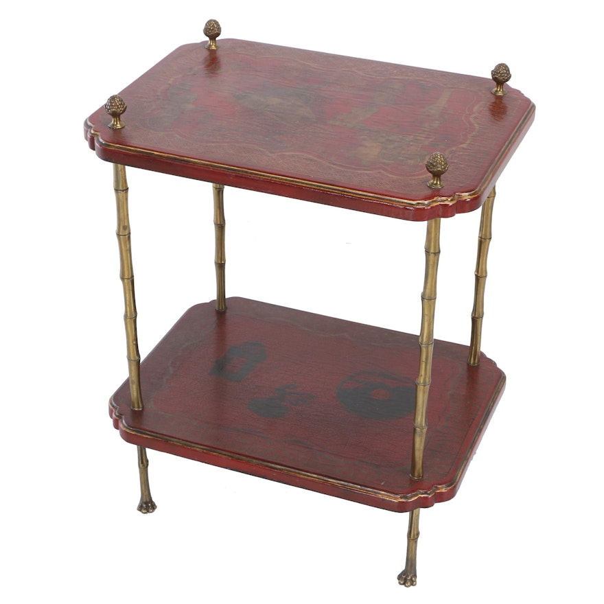 Red Lacquer and Brass Chinoiserie Side Table In the Style of Maison Baguès