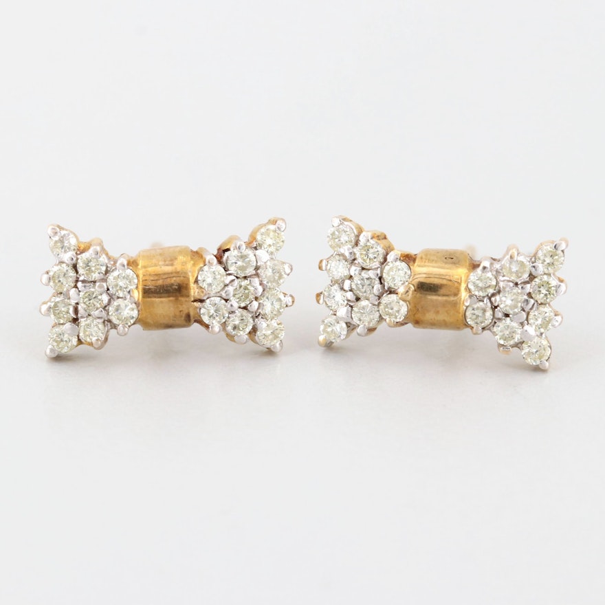 14K Yellow Gold Diamond Bow Motif Earrings