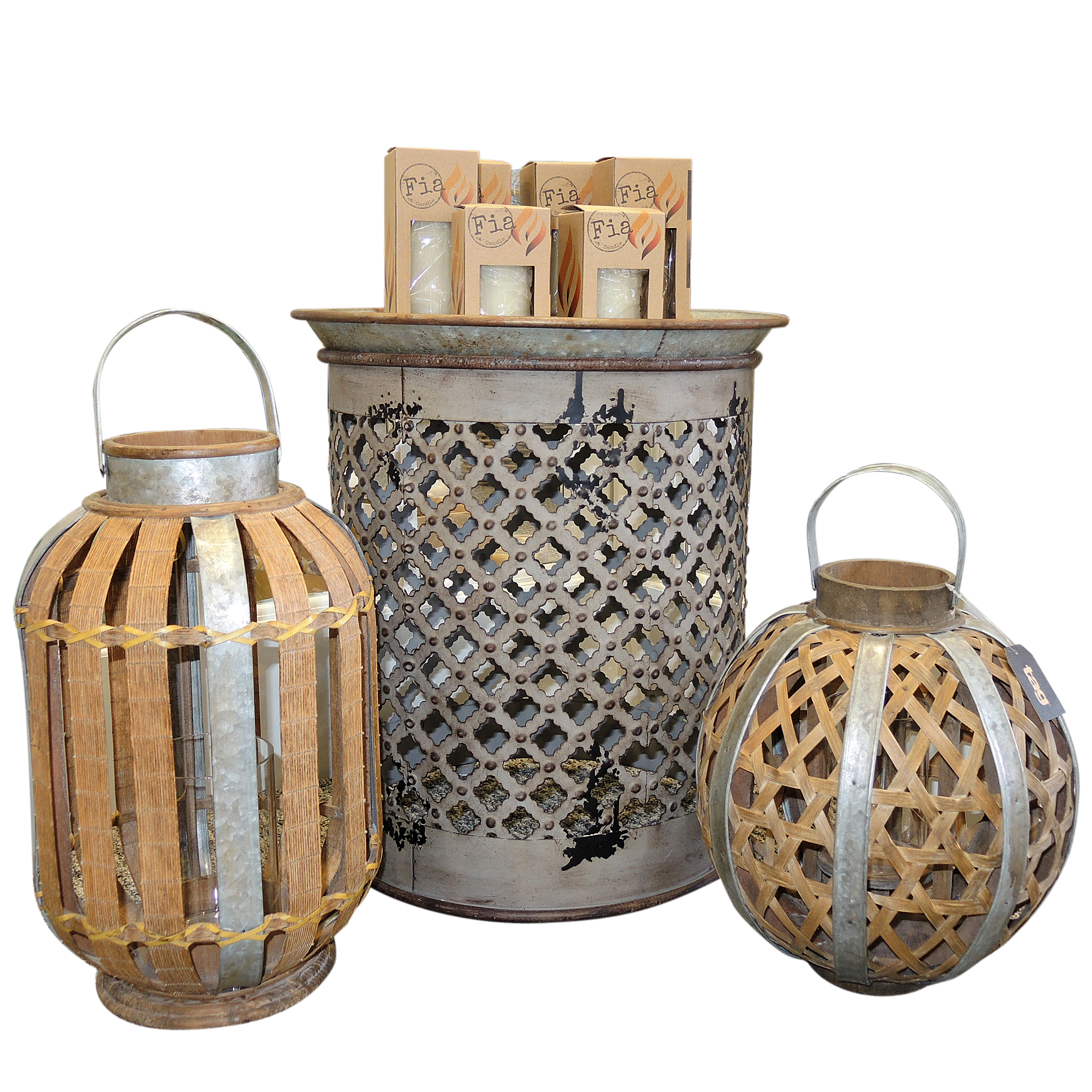 Rustic Metal Lattice Side Table, Wood and Metal Lanterns and Flameless Candles