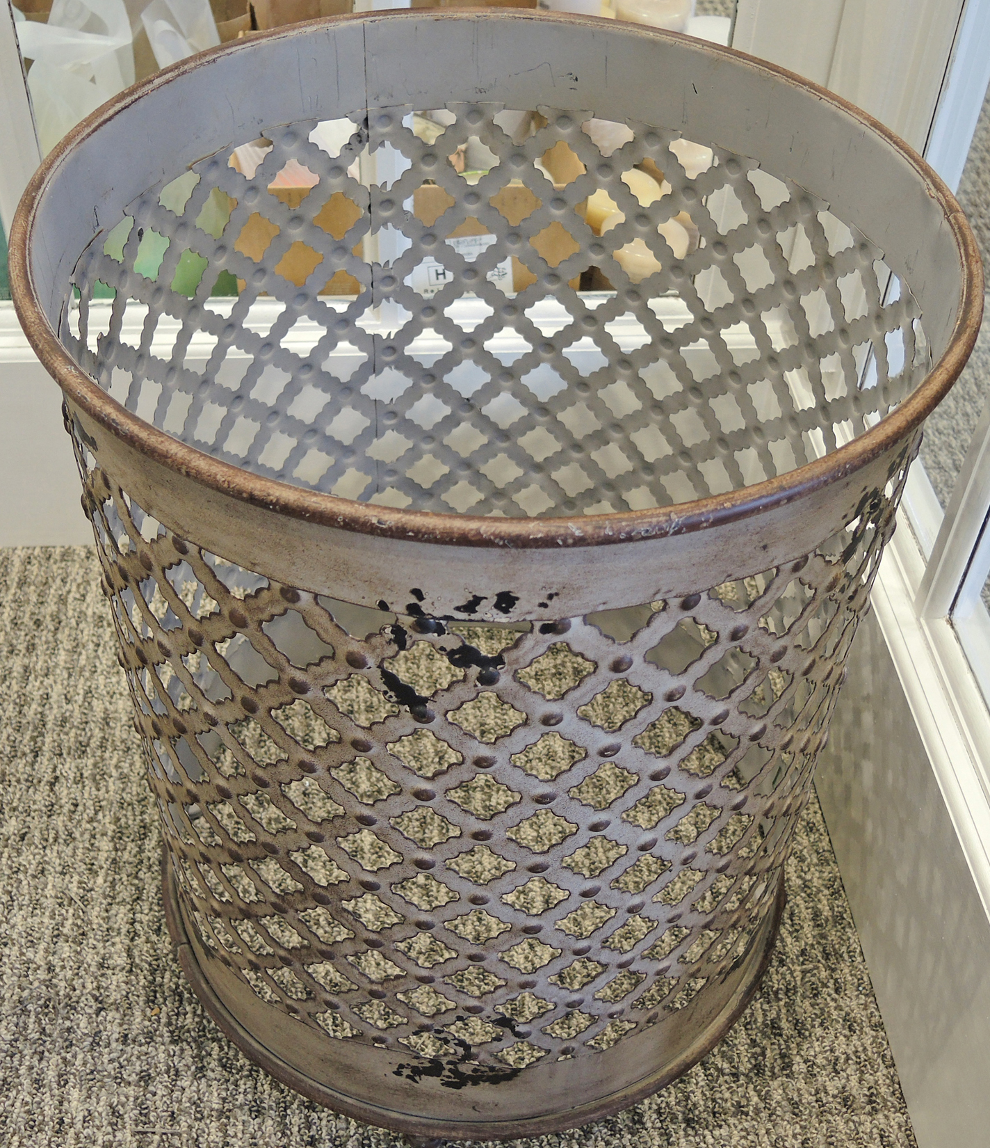 Rustic Metal Lattice Side Table, Wood and Metal Lanterns and Flameless Candles