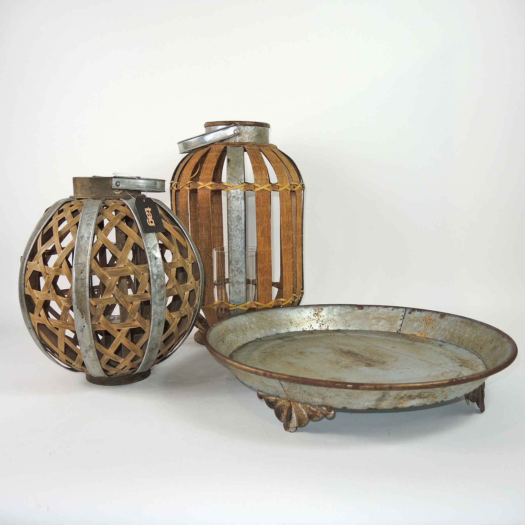 Rustic Metal Lattice Side Table, Wood and Metal Lanterns and Flameless Candles