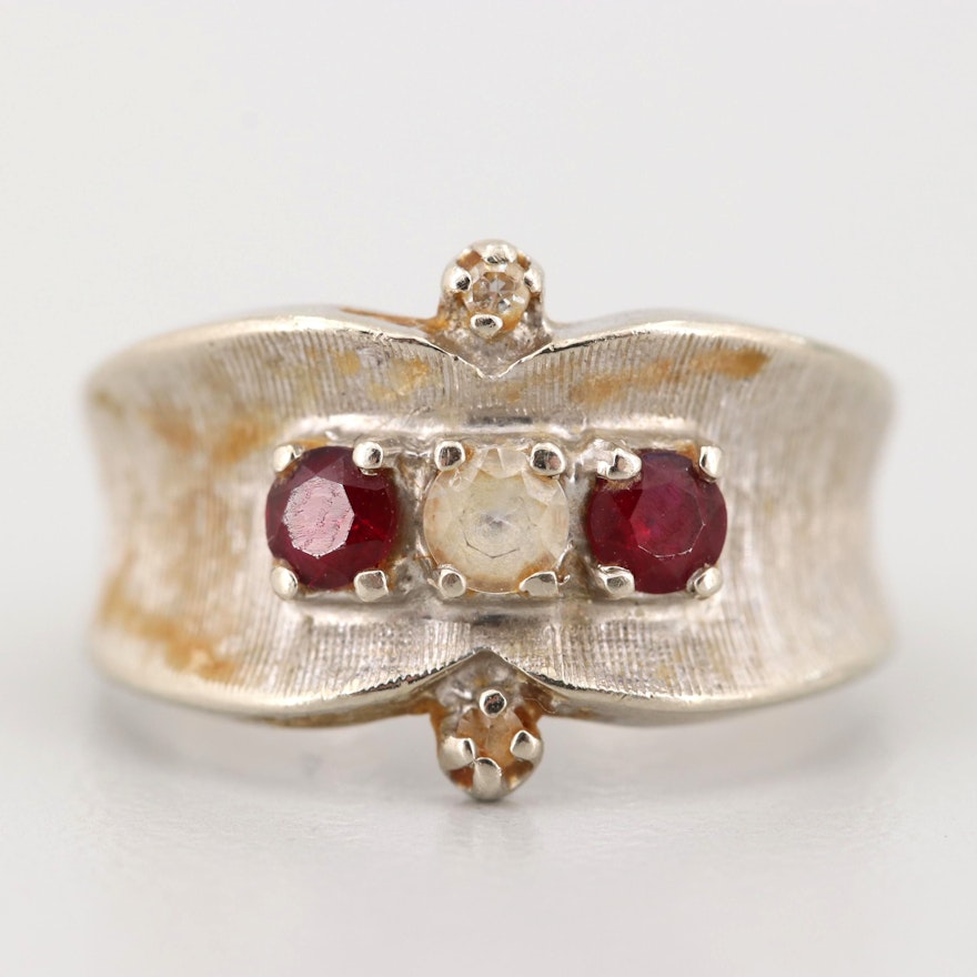 14K White Gold Diamond, Synthetic Ruby, and Synthetic White Sapphire Ring