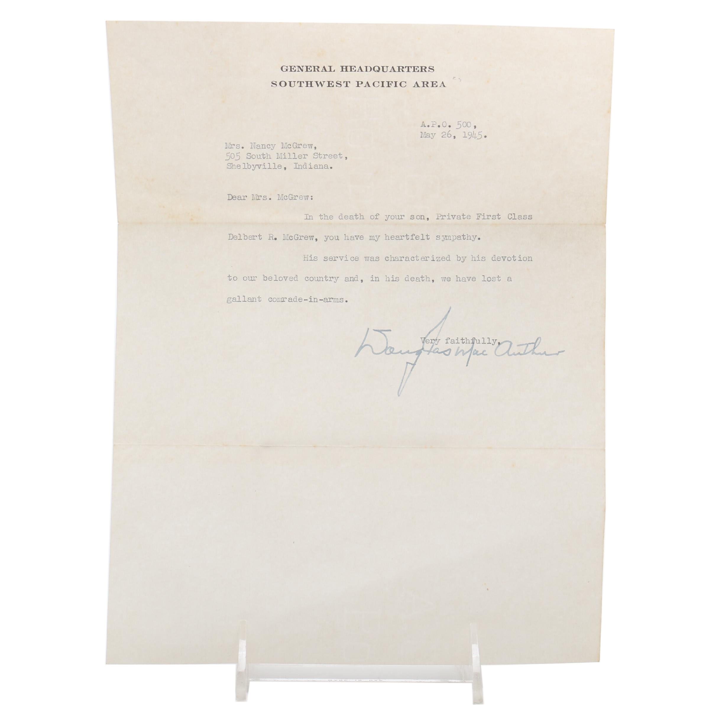 Douglas MacArthur Autographed Condolence Letter, 1945