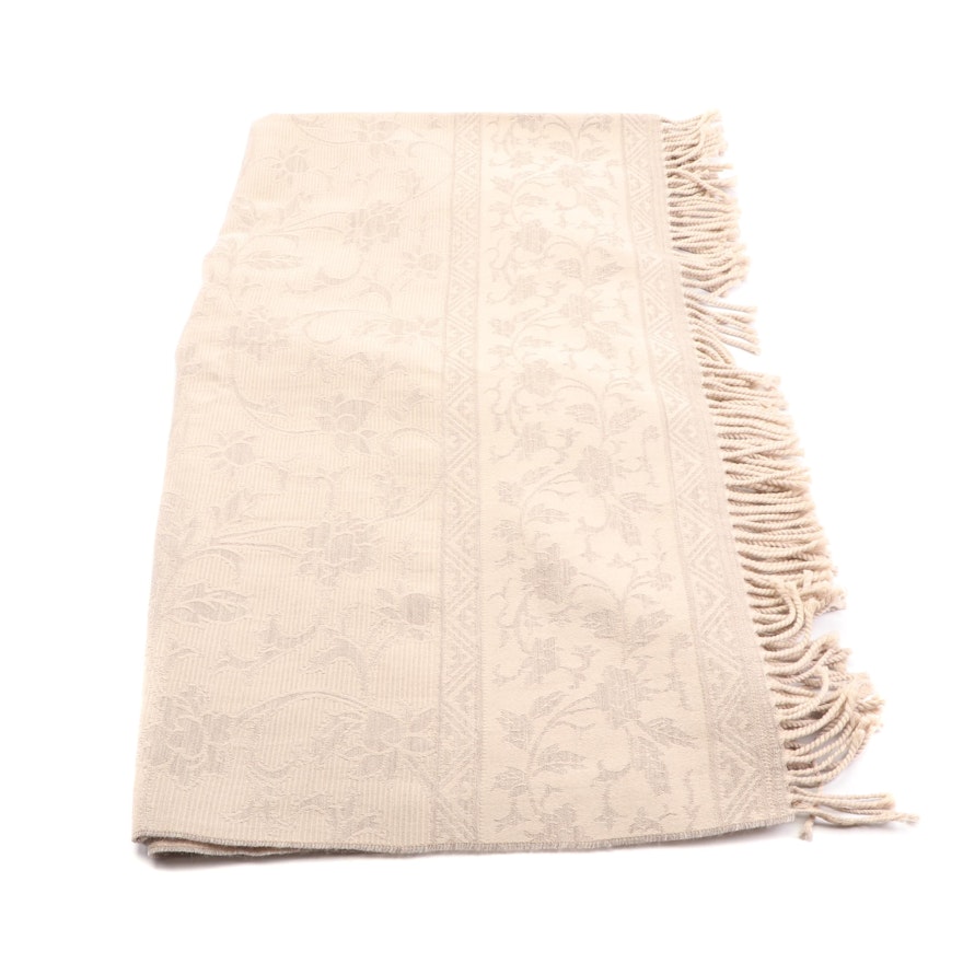 Cecchi e Cecchi Beige Wool Floral Pattern Fringed Shawl, Made in Italy