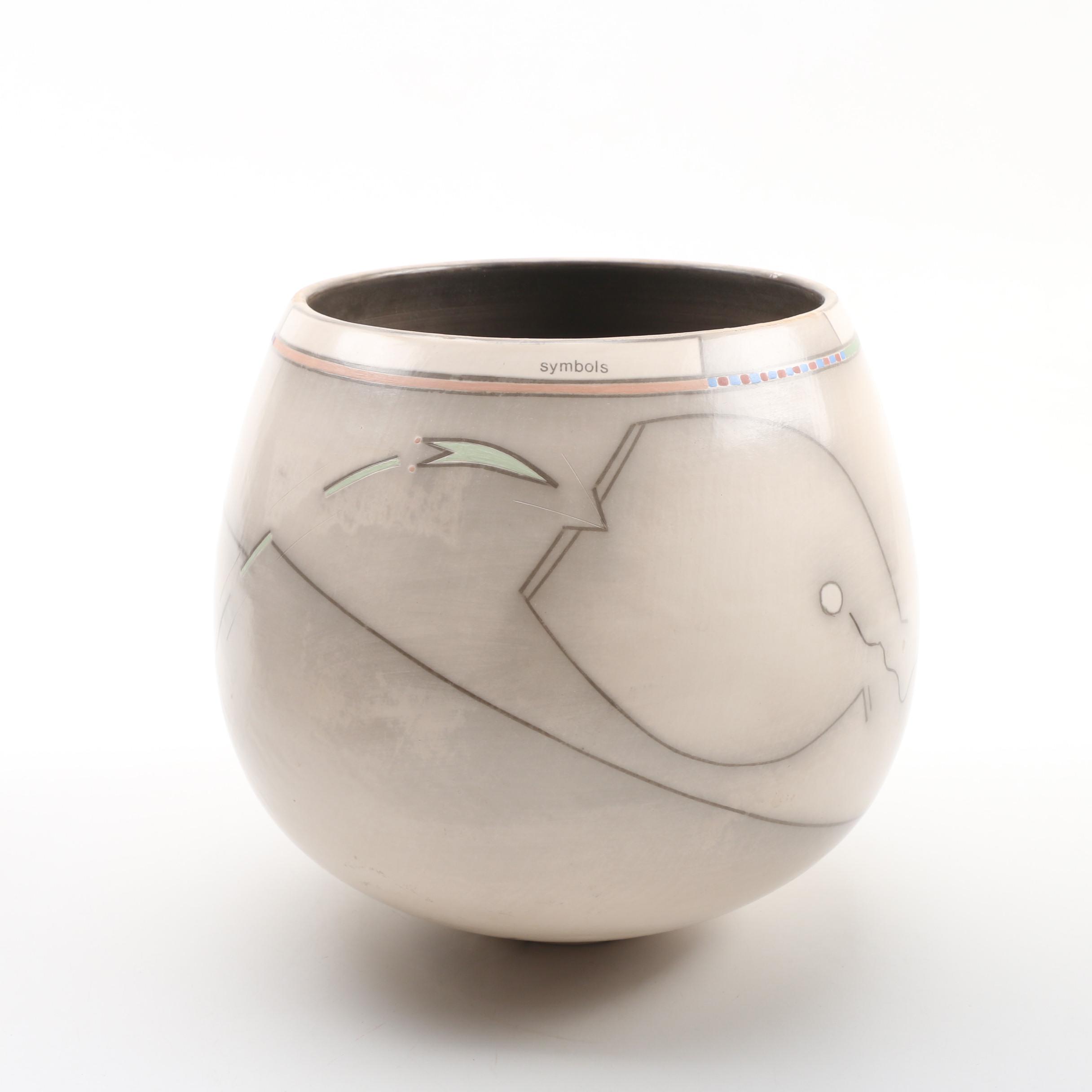 Wheel Thrown Stoneware "Symbols" Vase with Geometric Decoration