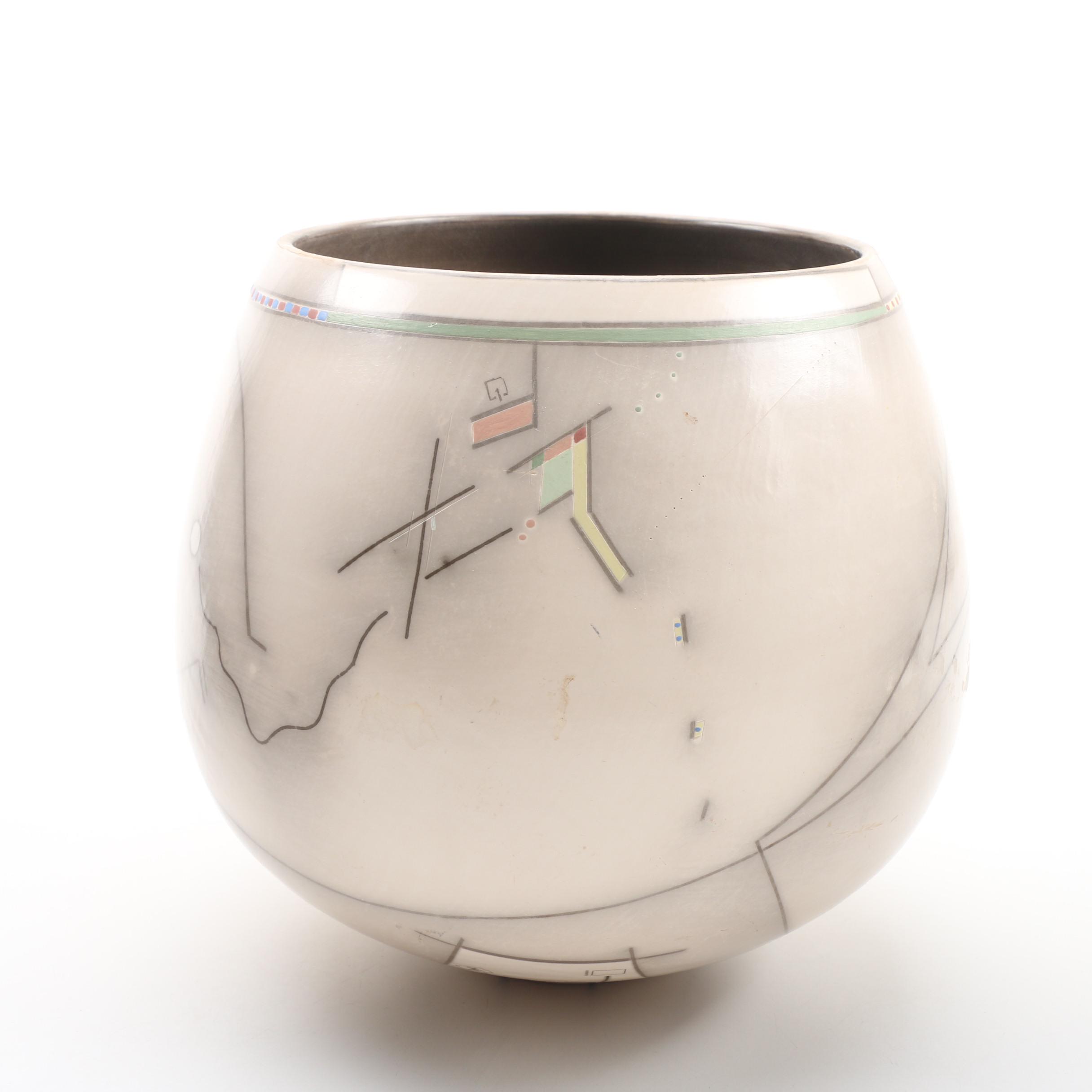 Wheel Thrown Stoneware "Symbols" Vase with Geometric Decoration