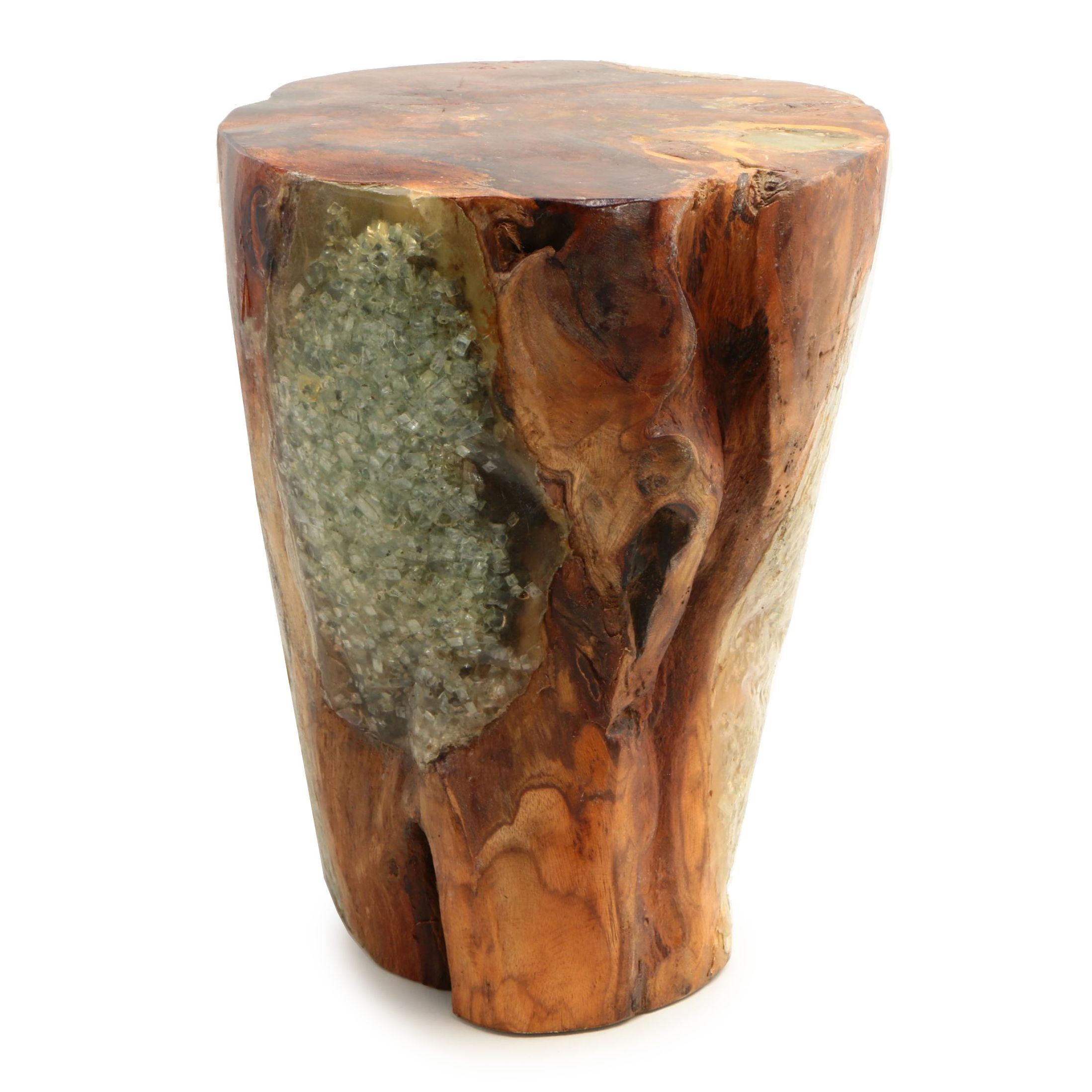 Indonesian "Illusions" Carved Mango Wood and Recycled Glass Stool