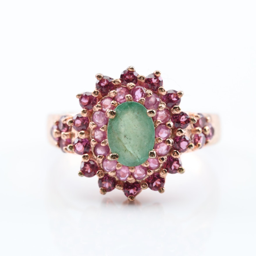 Sterling Silver Multi-Gemstone Halo Ring with Rose Gold Wash