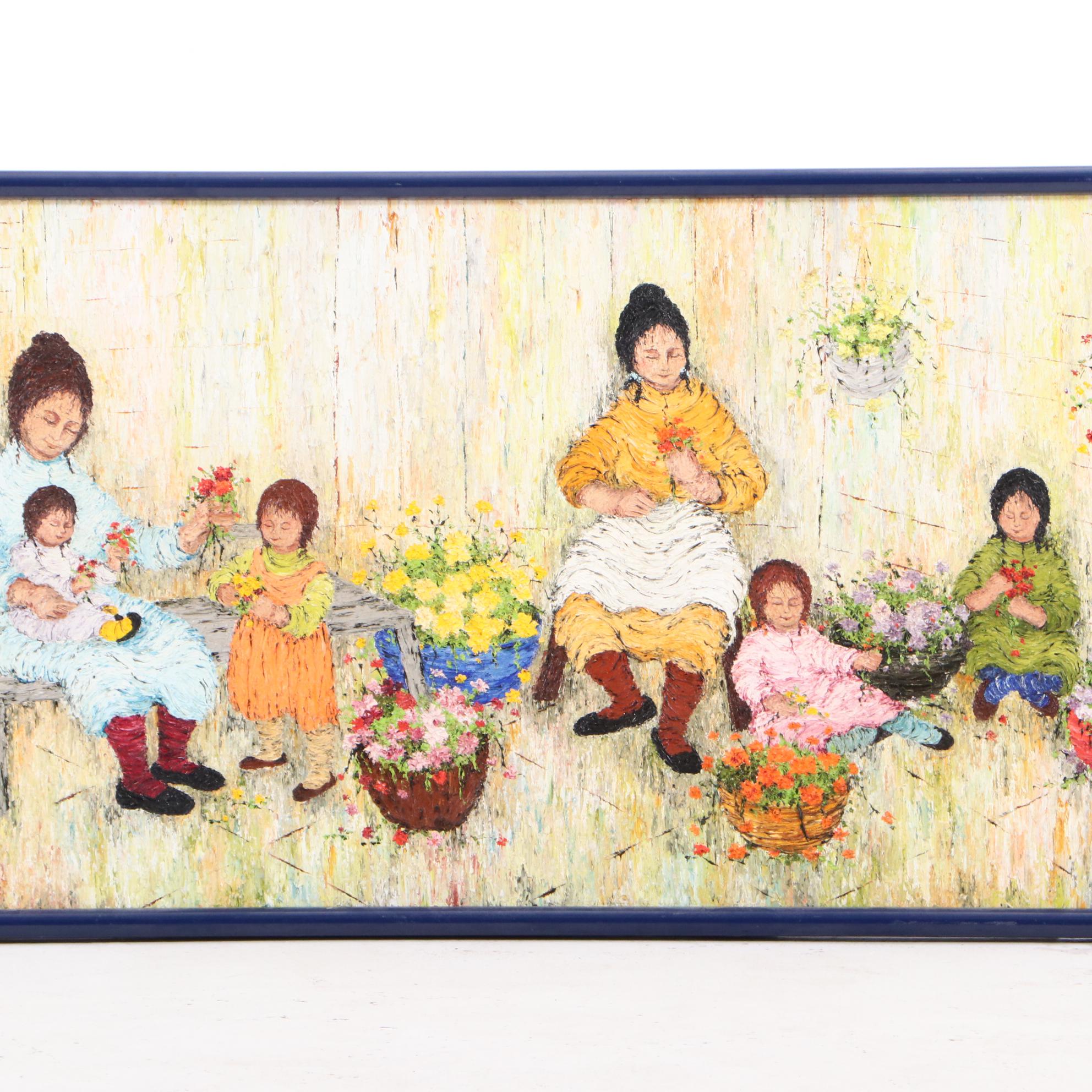 Mildred Barrett Oil Painting of Women and Children with Flowers