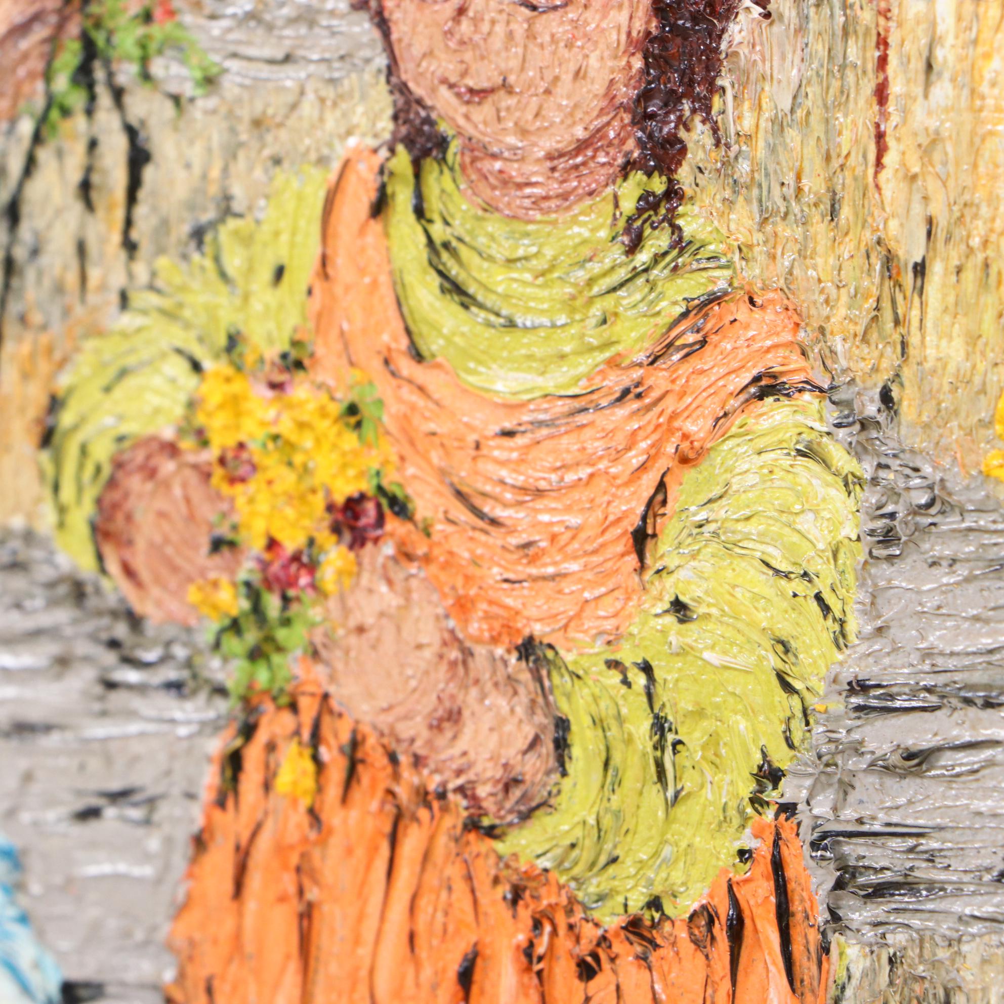 Mildred Barrett Oil Painting of Women and Children with Flowers