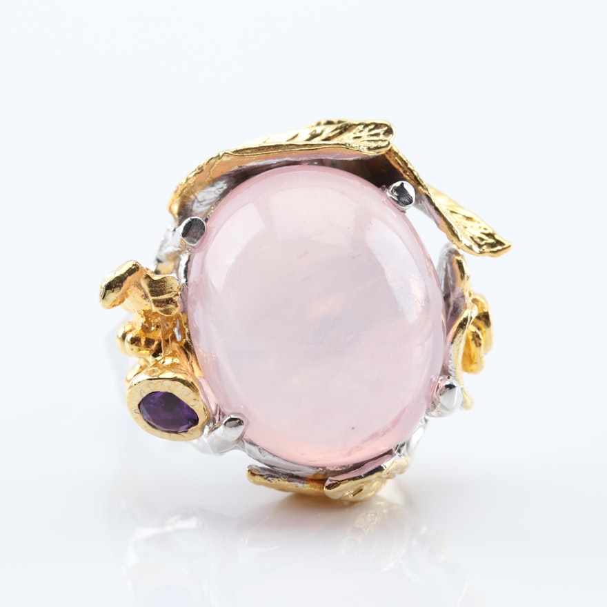 Sterling Silver 19.81 CT Rose Quartz  and Multi-Gemstone Ring