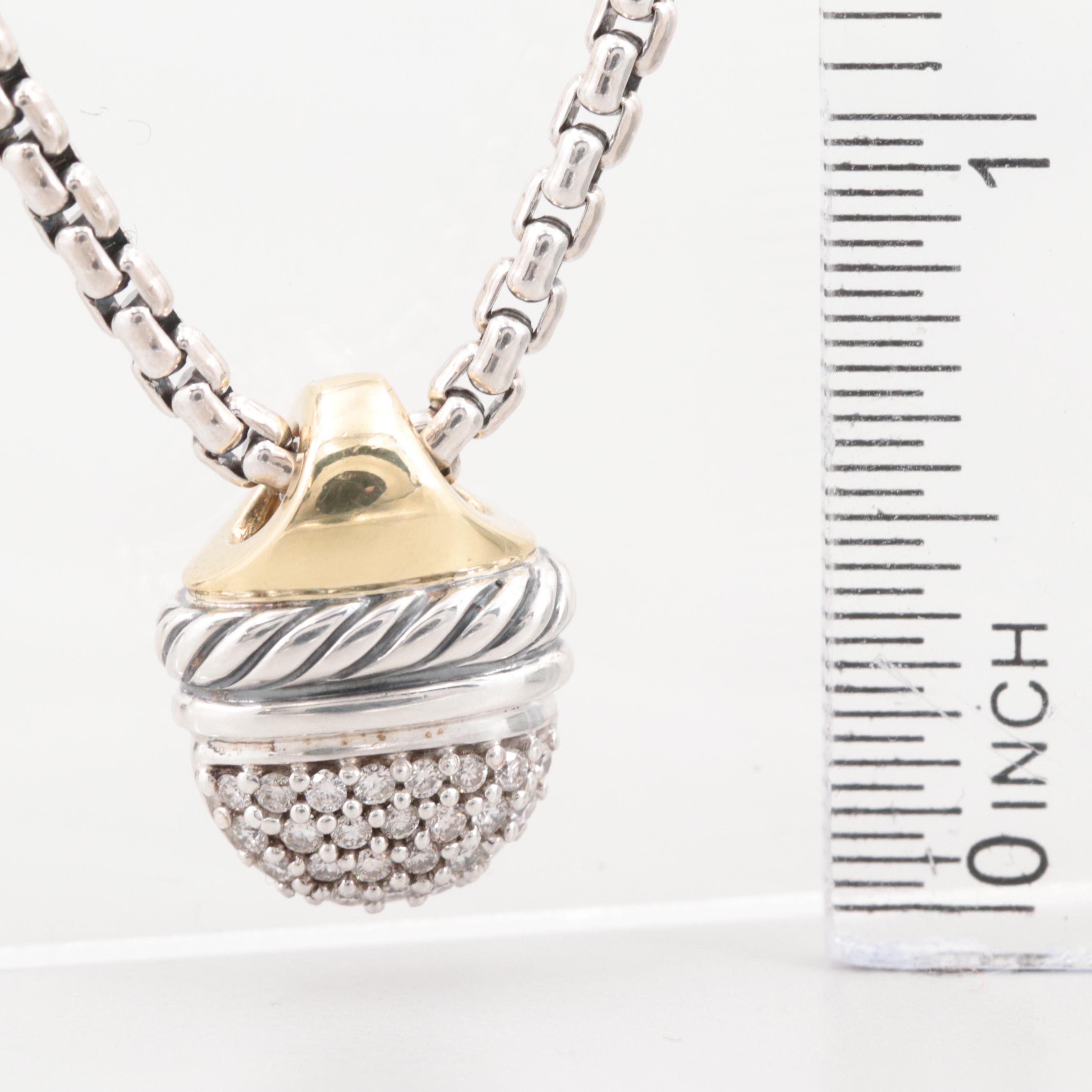 David Yurman Sterling Silver Diamond Acorn Pendant Necklace with 18K Gold Accent
