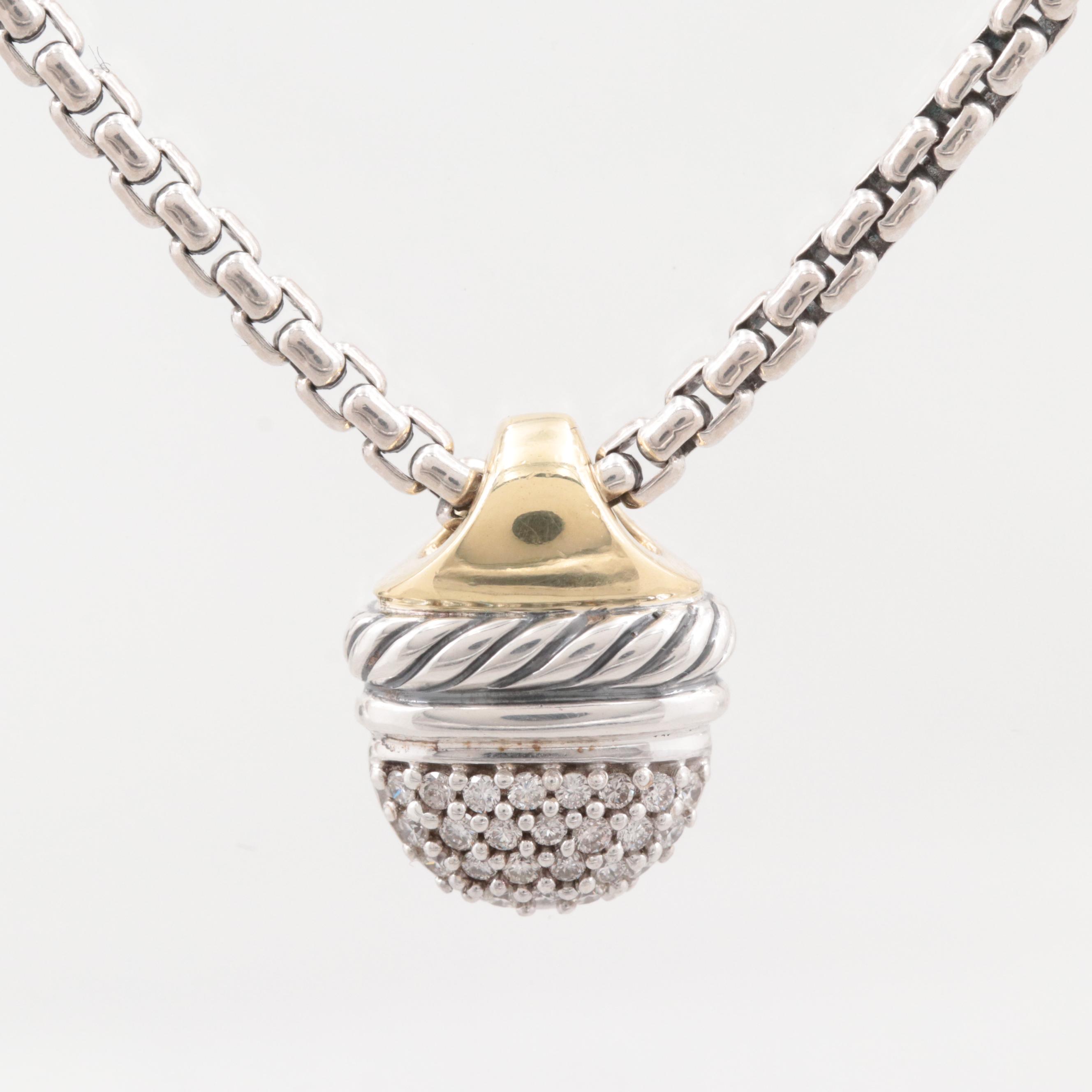 David Yurman Sterling Silver Diamond Acorn Pendant Necklace with 18K Gold Accent